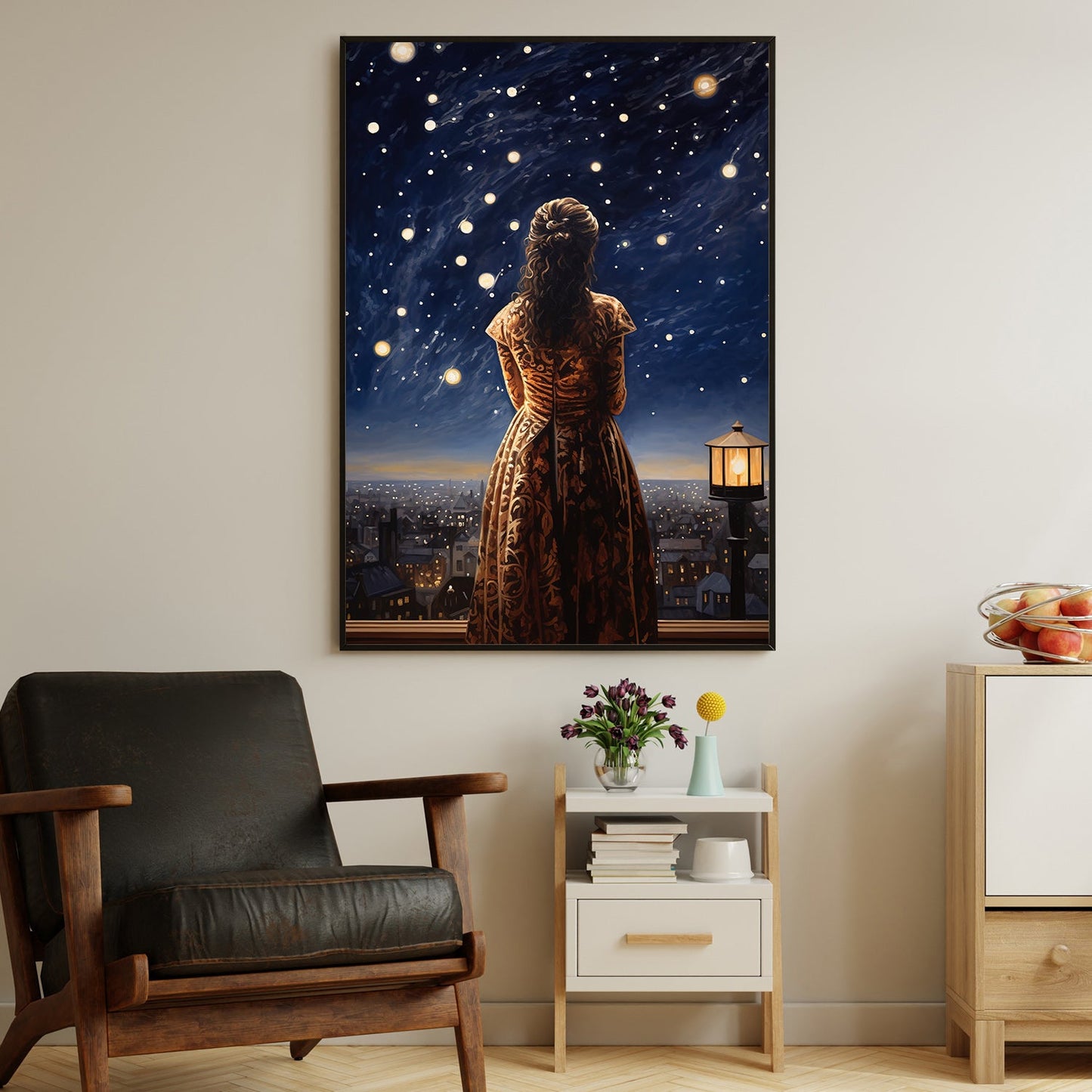 Starlit Reverie A Night Over the City, Victorian Christmas Canvas Painting, Xmas Wall Art Decor - Christmas Poster Gift