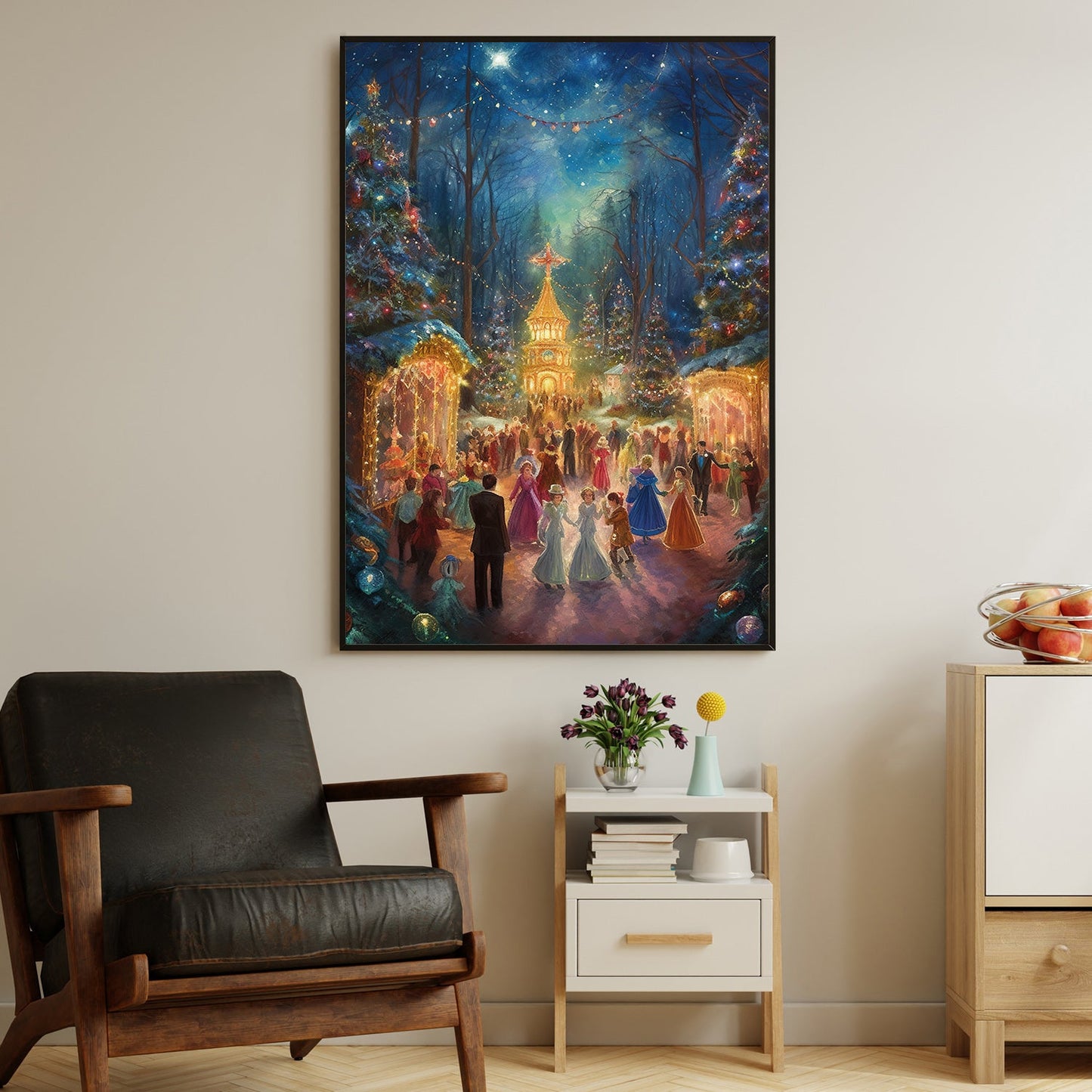 Enchanted Eve The Christmas Ball under the Starry Night Christmas Canvas Painting, Xmas Wall Art Decor - Christmas Poster Gift