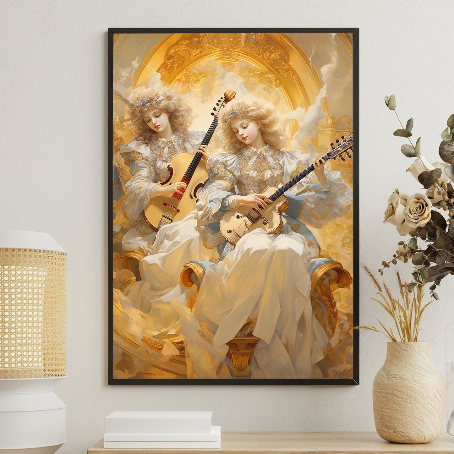 Divine Serenade Angels Of Golden Harmony Christmas Canvas Painting, Xmas Wall Art Decor - Christmas Poster Gift