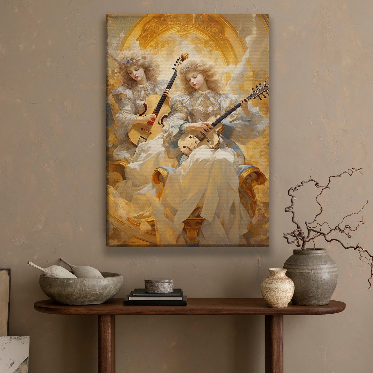 Divine Serenade Angels Of Golden Harmony Christmas Canvas Painting, Xmas Wall Art Decor - Christmas Poster Gift