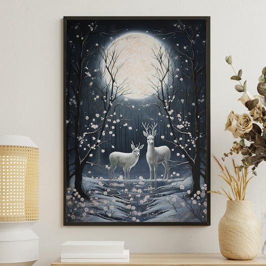 Midnight Enchantment Dance of the Silver Stags Christmas Canvas Painting, Xmas Wall Art Decor - Christmas Poster Gift