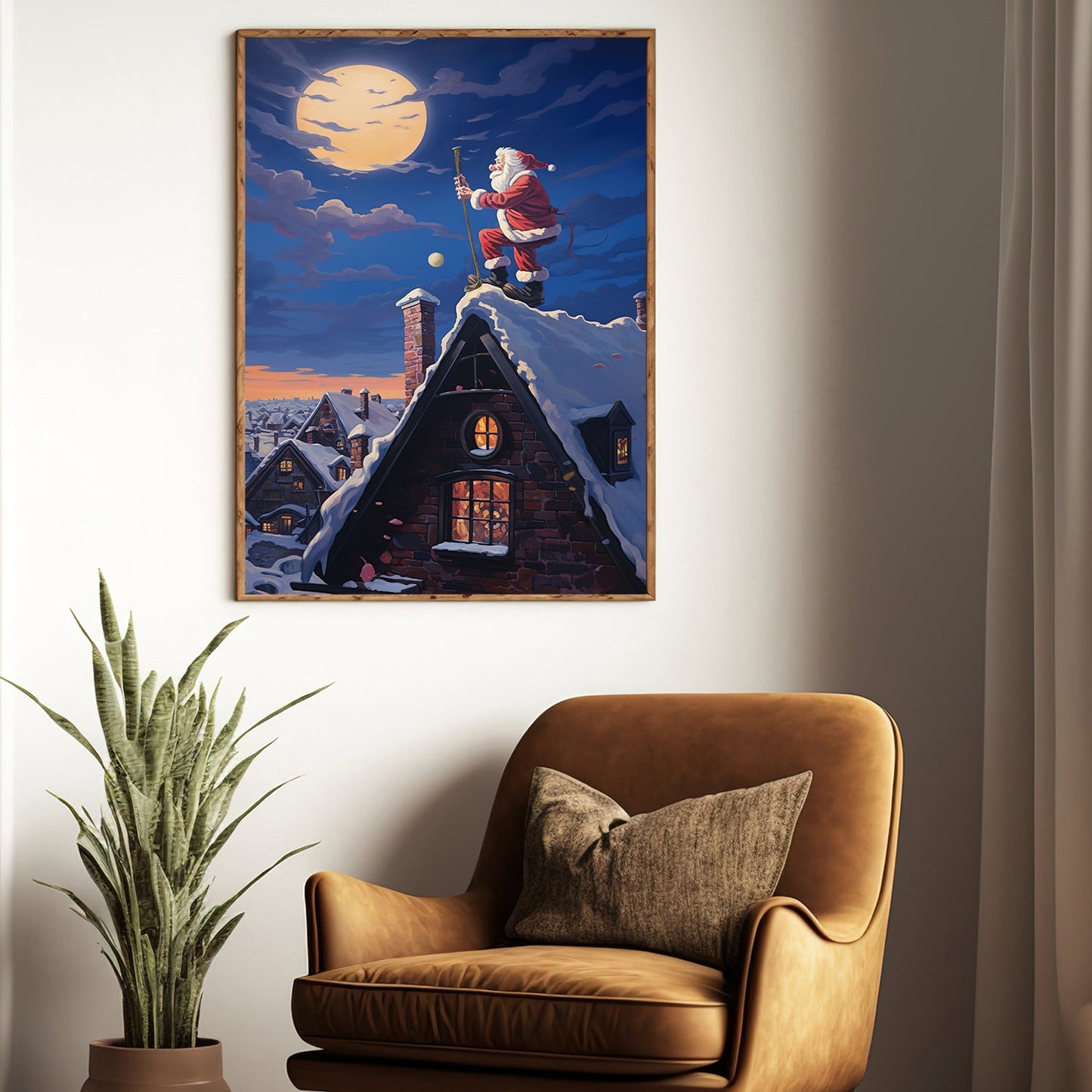 Moonlit Magic Santa's Tranquil Rooftop Respite Christmas Canvas Painting, Xmas Wall Art Decor - Christmas Poster Gift
