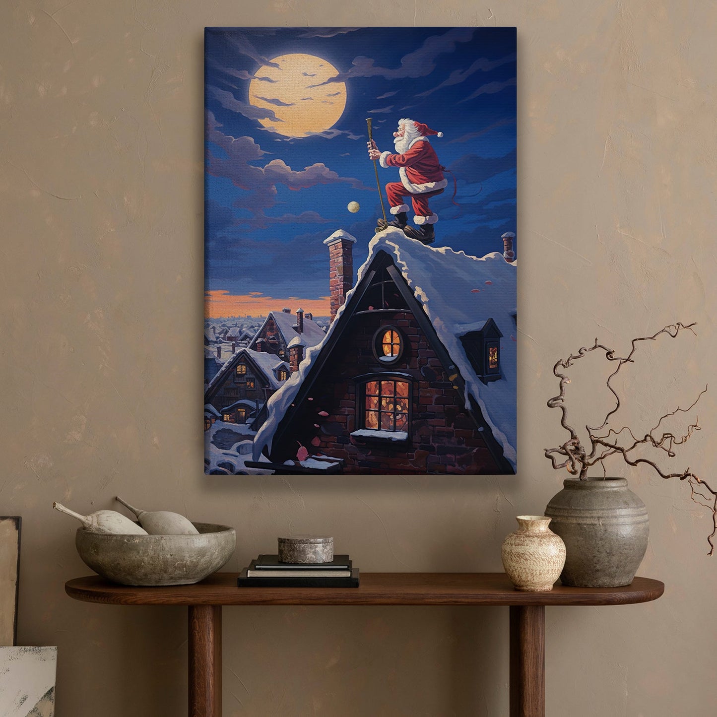 Moonlit Magic Santa's Tranquil Rooftop Respite Christmas Canvas Painting, Xmas Wall Art Decor - Christmas Poster Gift
