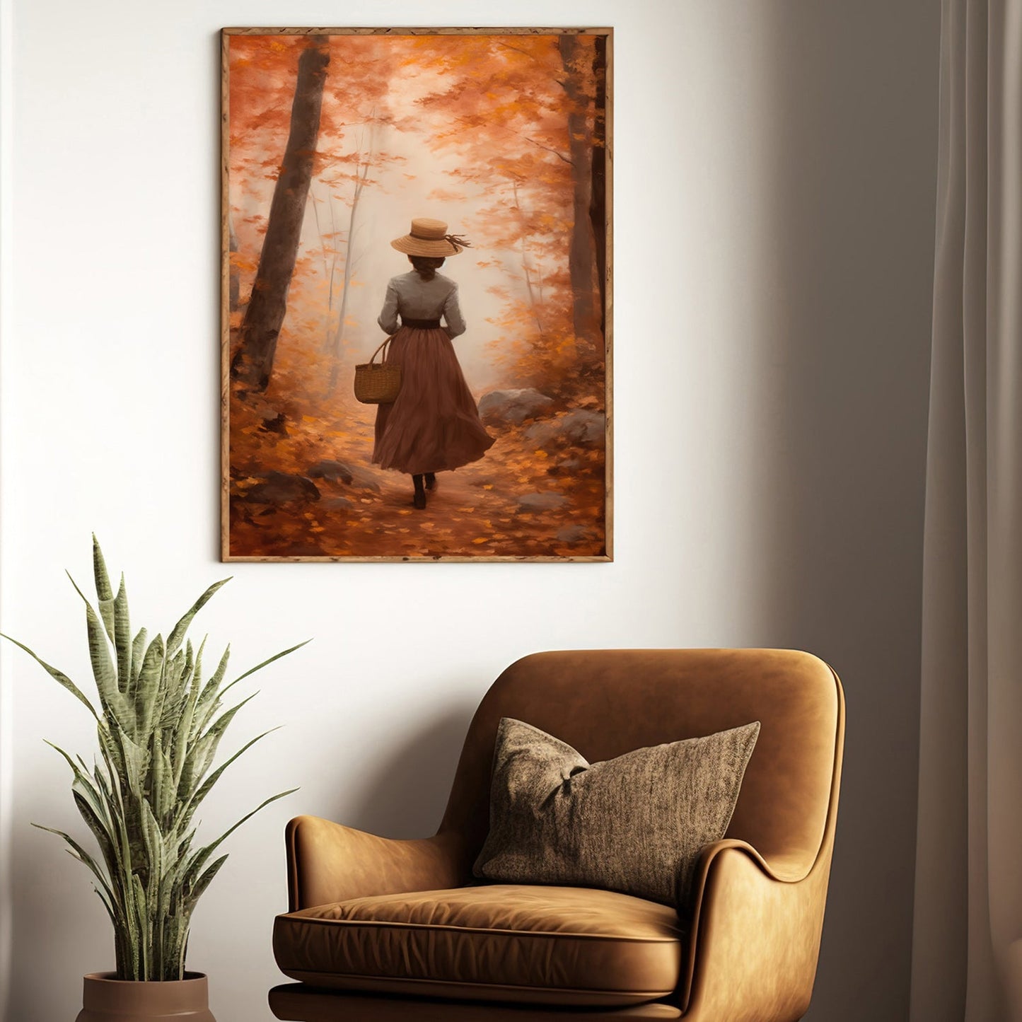 Woman Walking In The Autumn Forest Thanksgiving Canvas Painting, Wall Art Decor - Thanksgiving Poster Gift For Your Home