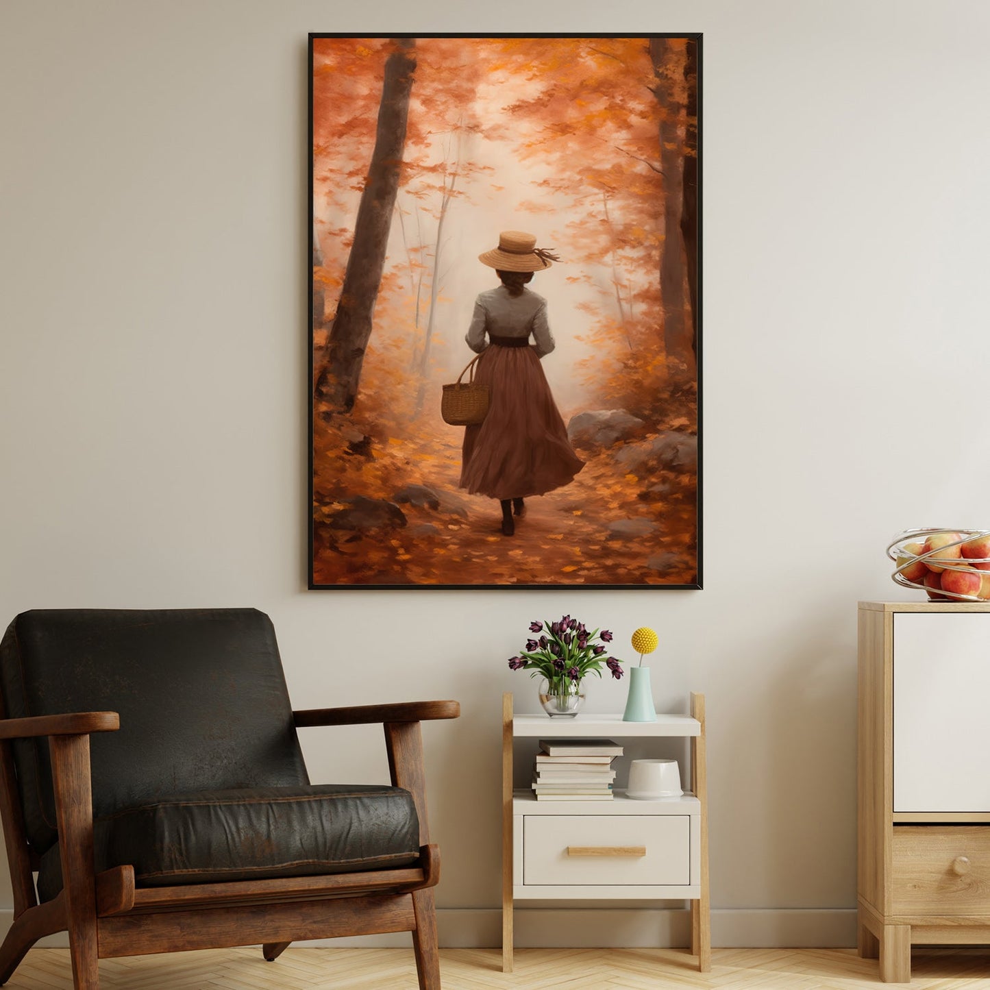 Woman Walking In The Autumn Forest Thanksgiving Canvas Painting, Wall Art Decor - Thanksgiving Poster Gift For Your Home