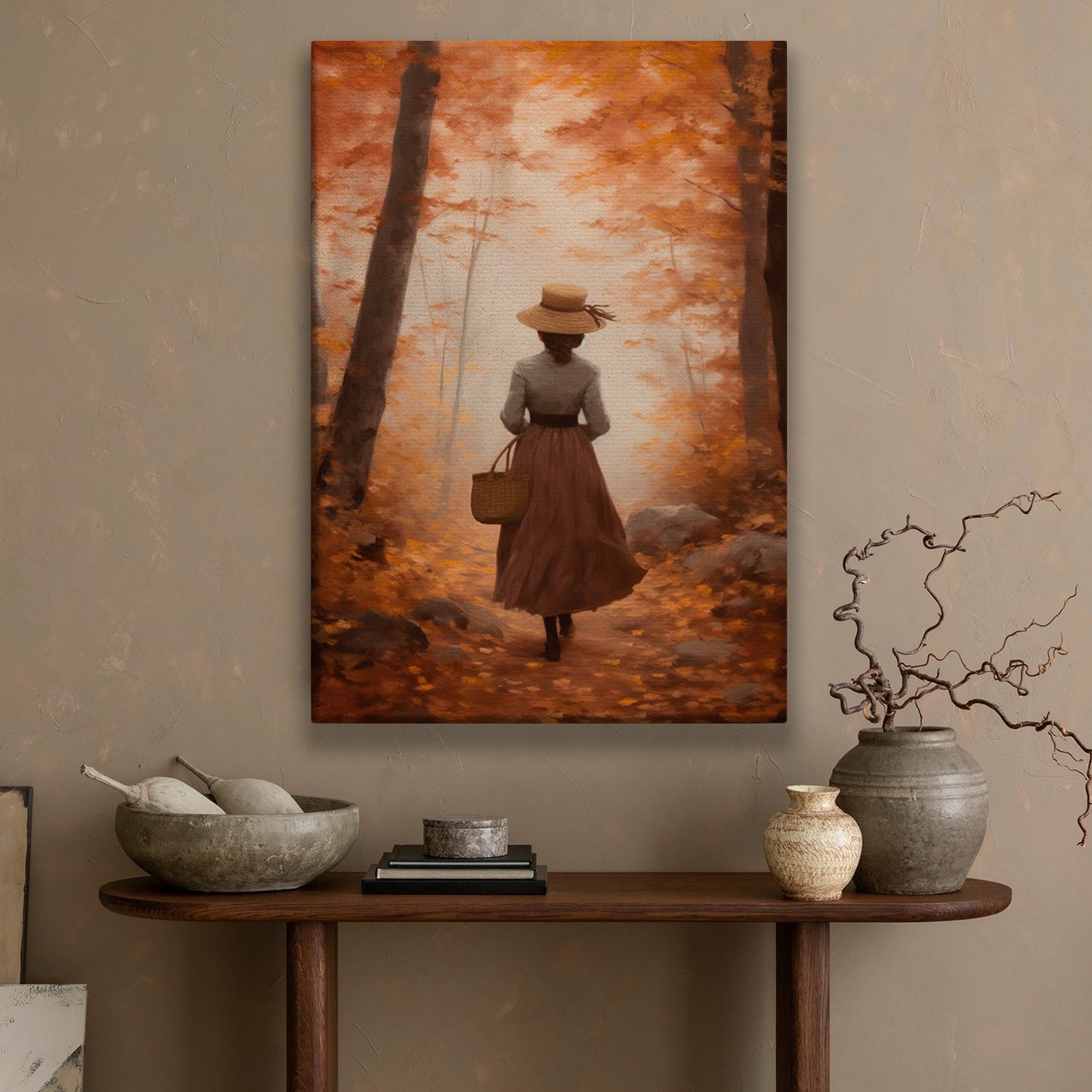 Woman Walking In The Autumn Forest Thanksgiving Canvas Painting, Wall Art Decor - Thanksgiving Poster Gift For Your Home