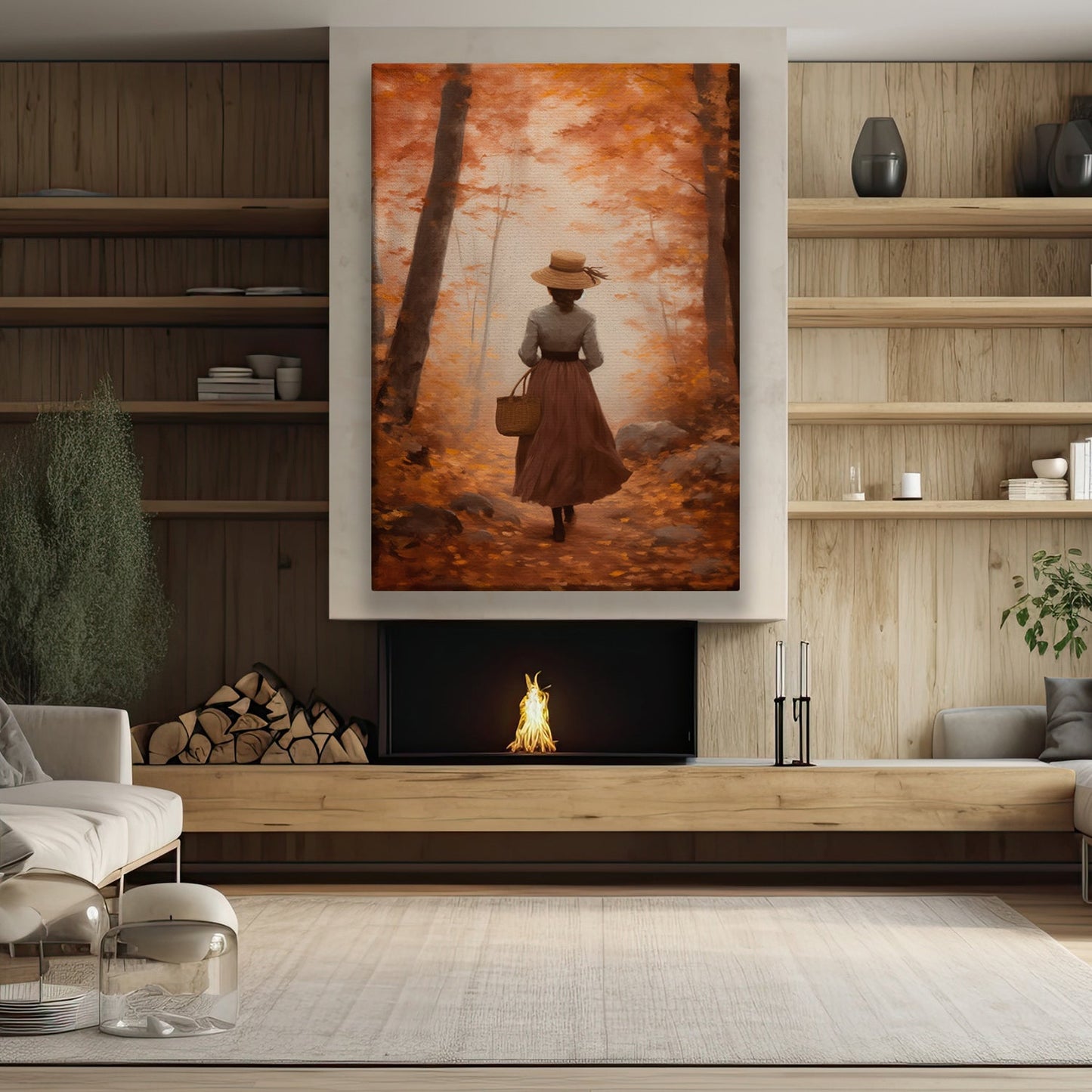 Woman Walking In The Autumn Forest Thanksgiving Canvas Painting, Wall Art Decor - Thanksgiving Poster Gift For Your Home