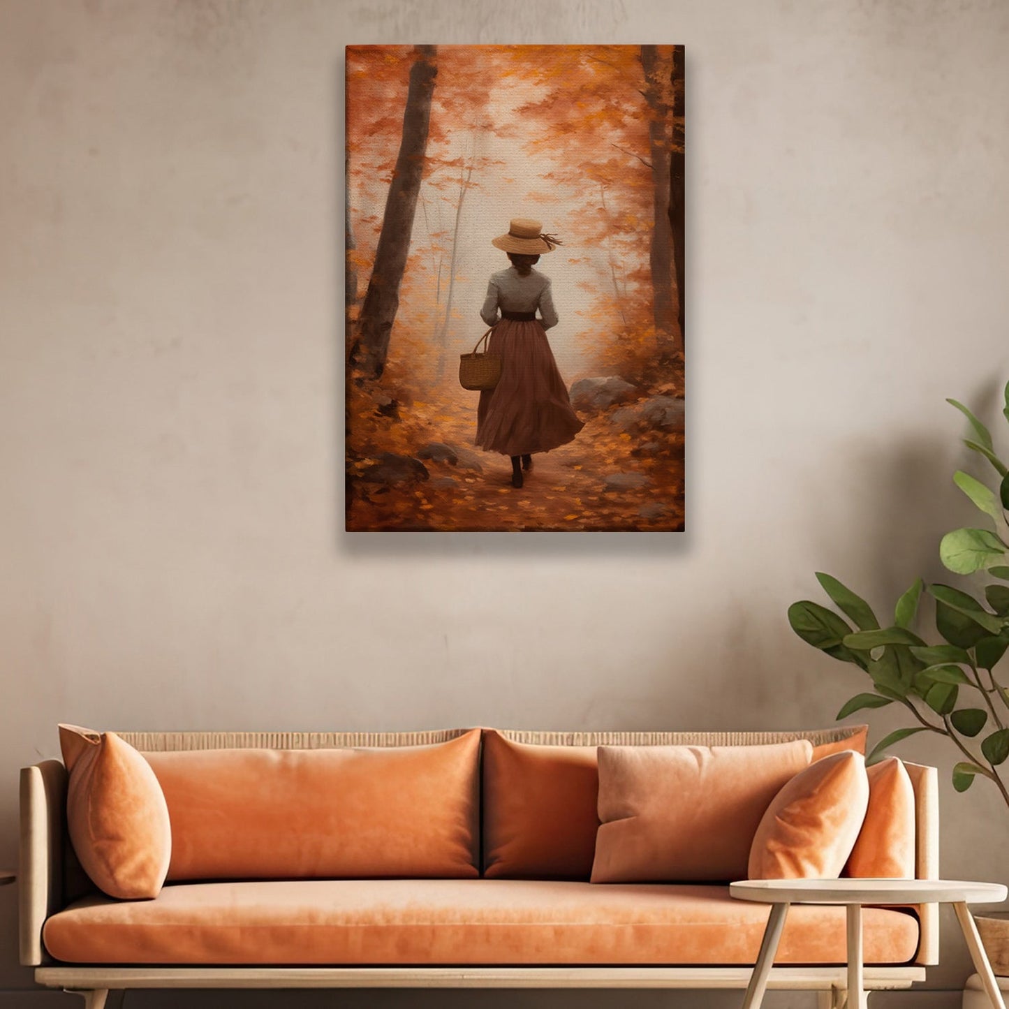 Woman Walking In The Autumn Forest Thanksgiving Canvas Painting, Wall Art Decor - Thanksgiving Poster Gift For Your Home