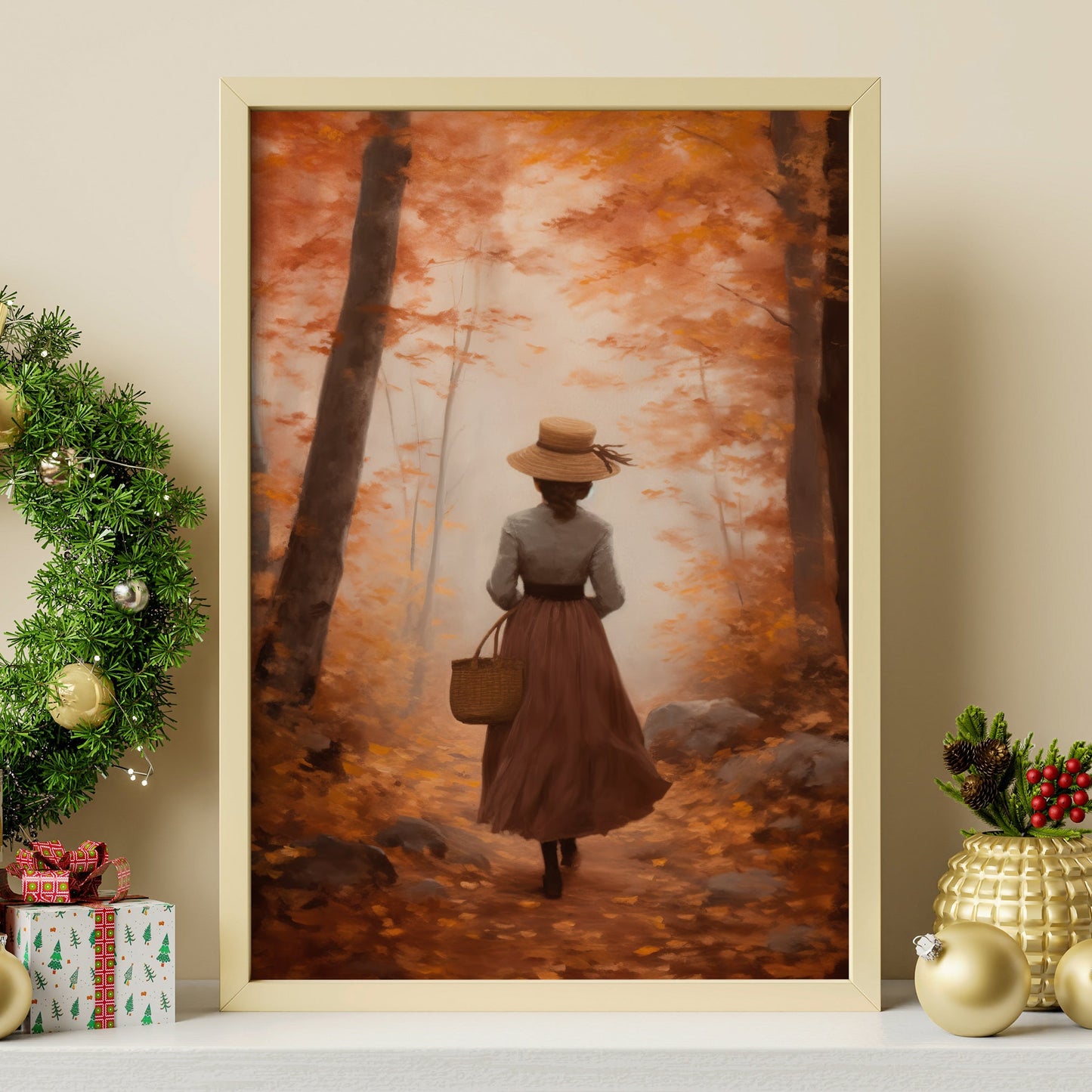 Woman Walking In The Autumn Forest Thanksgiving Canvas Painting, Wall Art Decor - Thanksgiving Poster Gift For Your Home