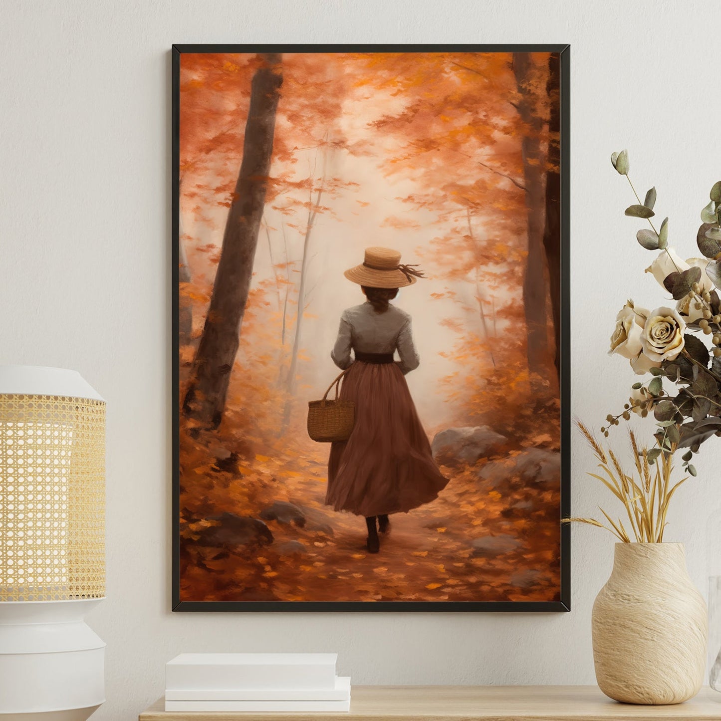 Woman Walking In The Autumn Forest Thanksgiving Canvas Painting, Wall Art Decor - Thanksgiving Poster Gift For Your Home