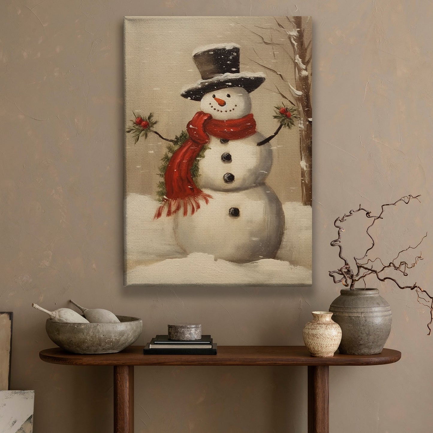 Snowman Standing In The Middle Of The Snowy Forest, Christmas Canvas Painting, Xmas Wall Art Decor - Christmas Poster Gift