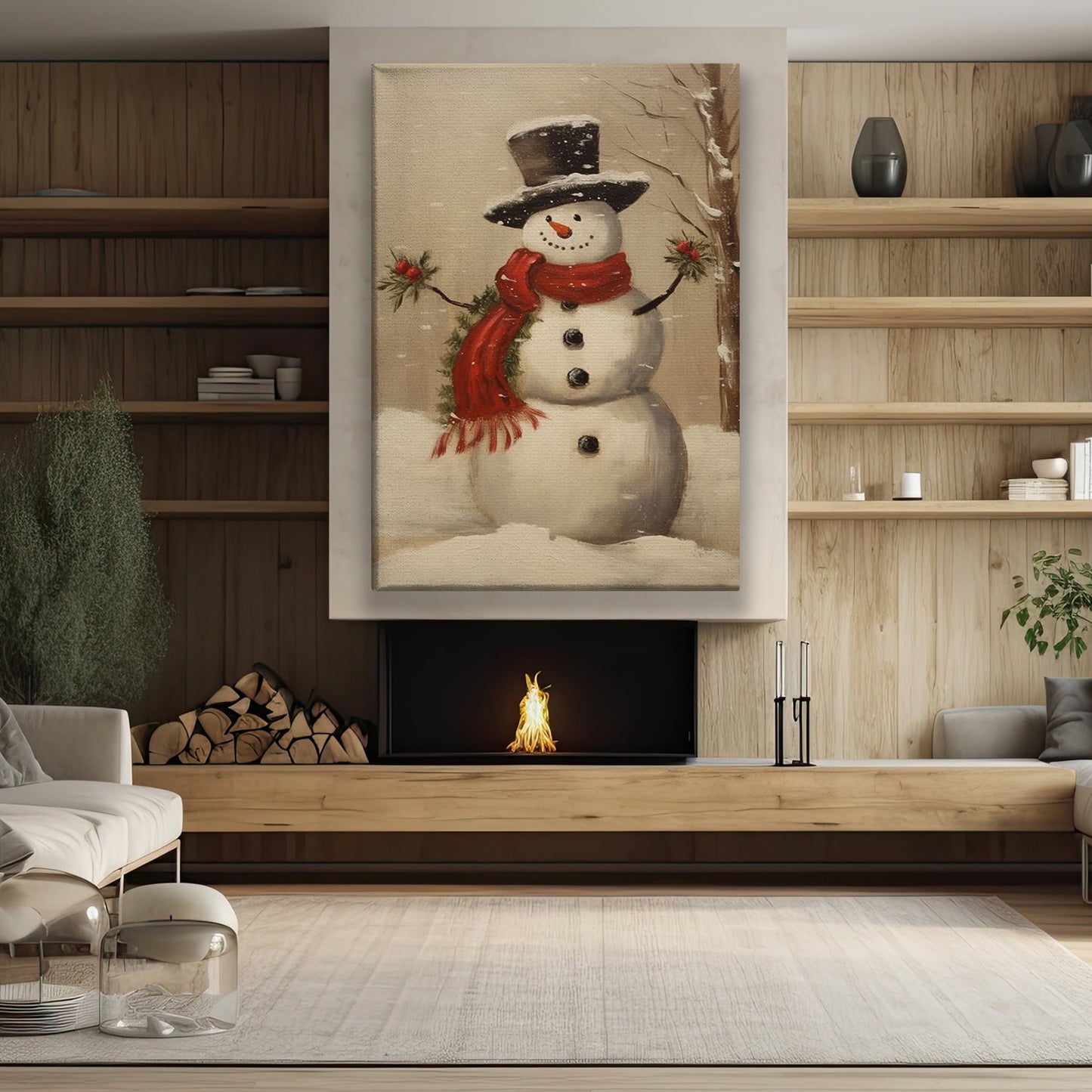 Snowman Standing In The Middle Of The Snowy Forest, Christmas Canvas Painting, Xmas Wall Art Decor - Christmas Poster Gift