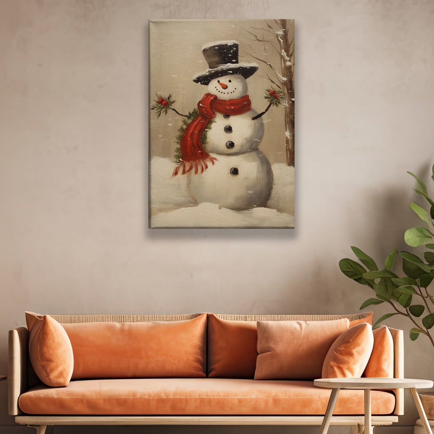 Snowman Standing In The Middle Of The Snowy Forest, Christmas Canvas Painting, Xmas Wall Art Decor - Christmas Poster Gift