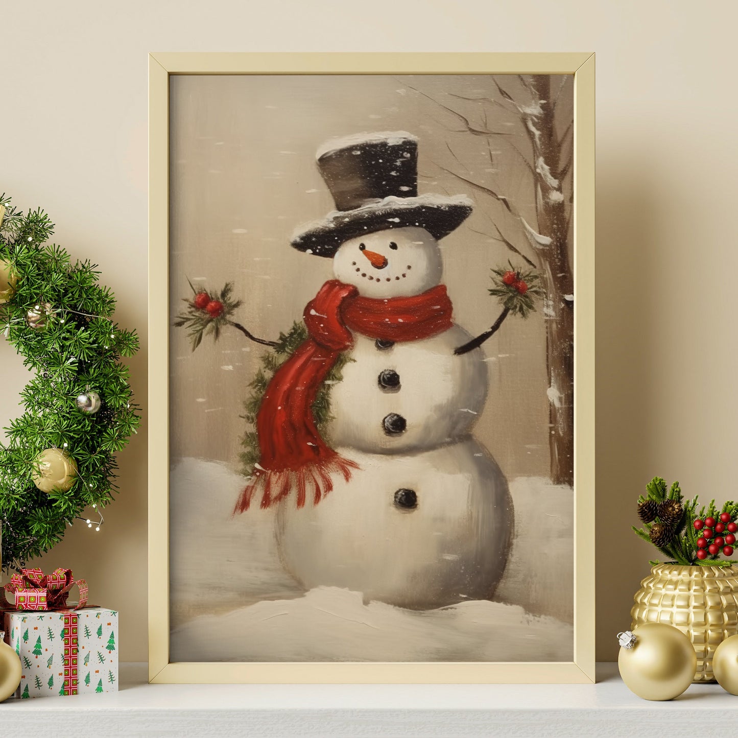 Snowman Standing In The Middle Of The Snowy Forest, Christmas Canvas Painting, Xmas Wall Art Decor - Christmas Poster Gift