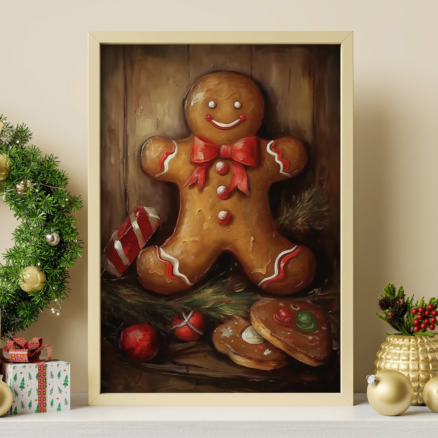 Funny Gingerbread Man On The Wall, Christmas Canvas Painting, Xmas Wall Art Decor - Christmas Poster Gift