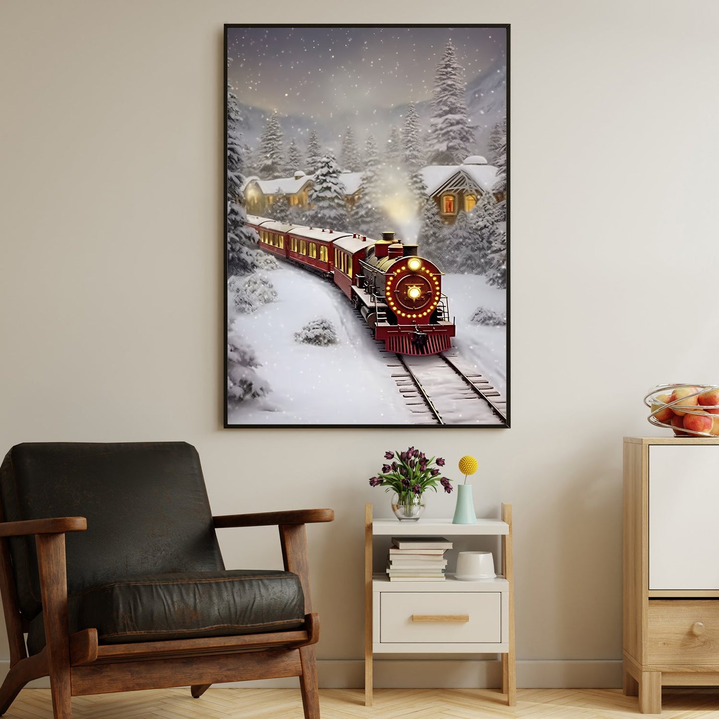 A Snowy Night's Journey, Christmas Canvas Painting, Xmas Wall Art Decor - Christmas Poster Gift Train Lovers