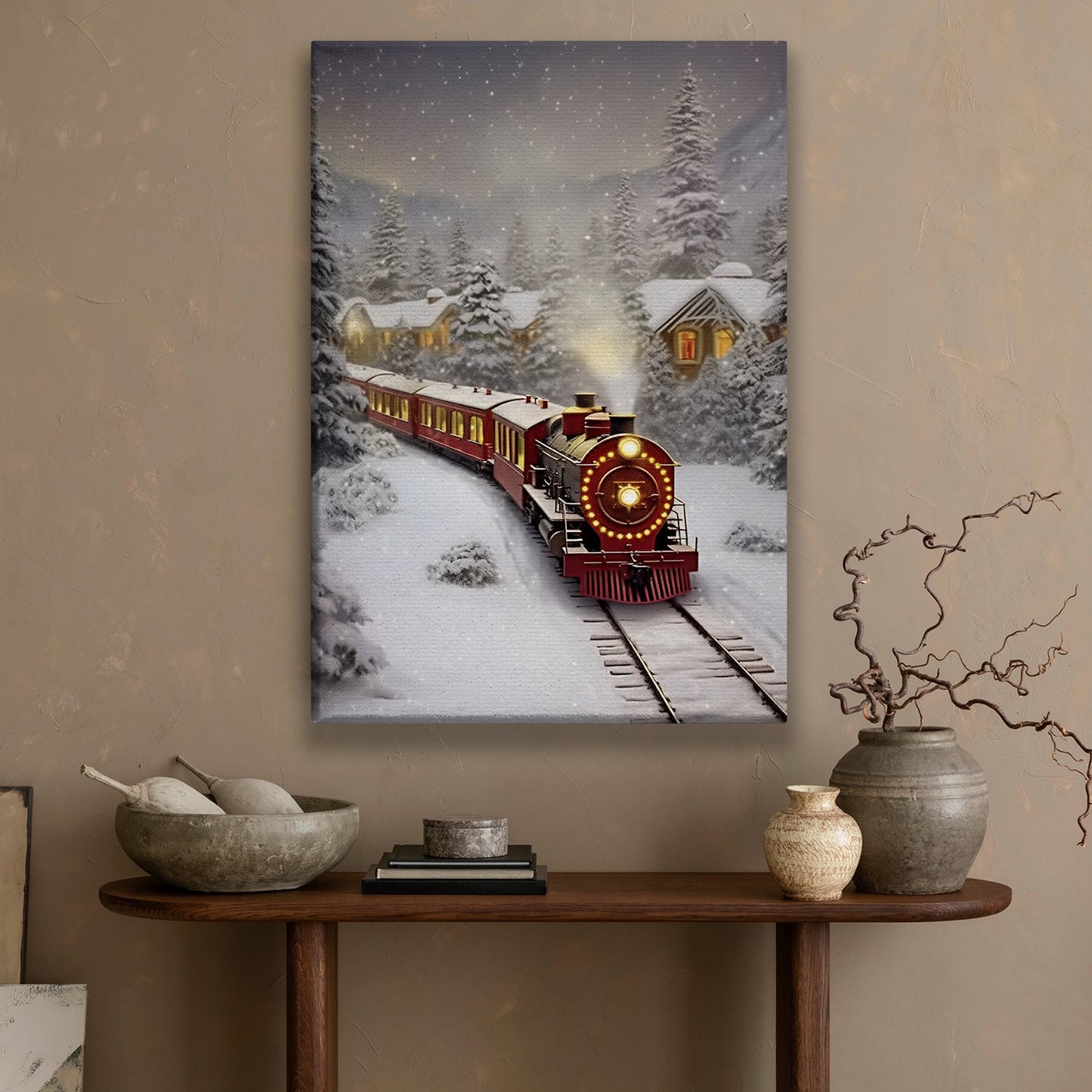 A Snowy Night's Journey, Christmas Canvas Painting, Xmas Wall Art Decor - Christmas Poster Gift Train Lovers