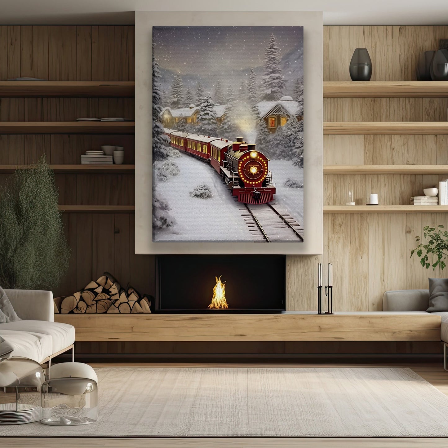 A Snowy Night's Journey, Christmas Canvas Painting, Xmas Wall Art Decor - Christmas Poster Gift Train Lovers