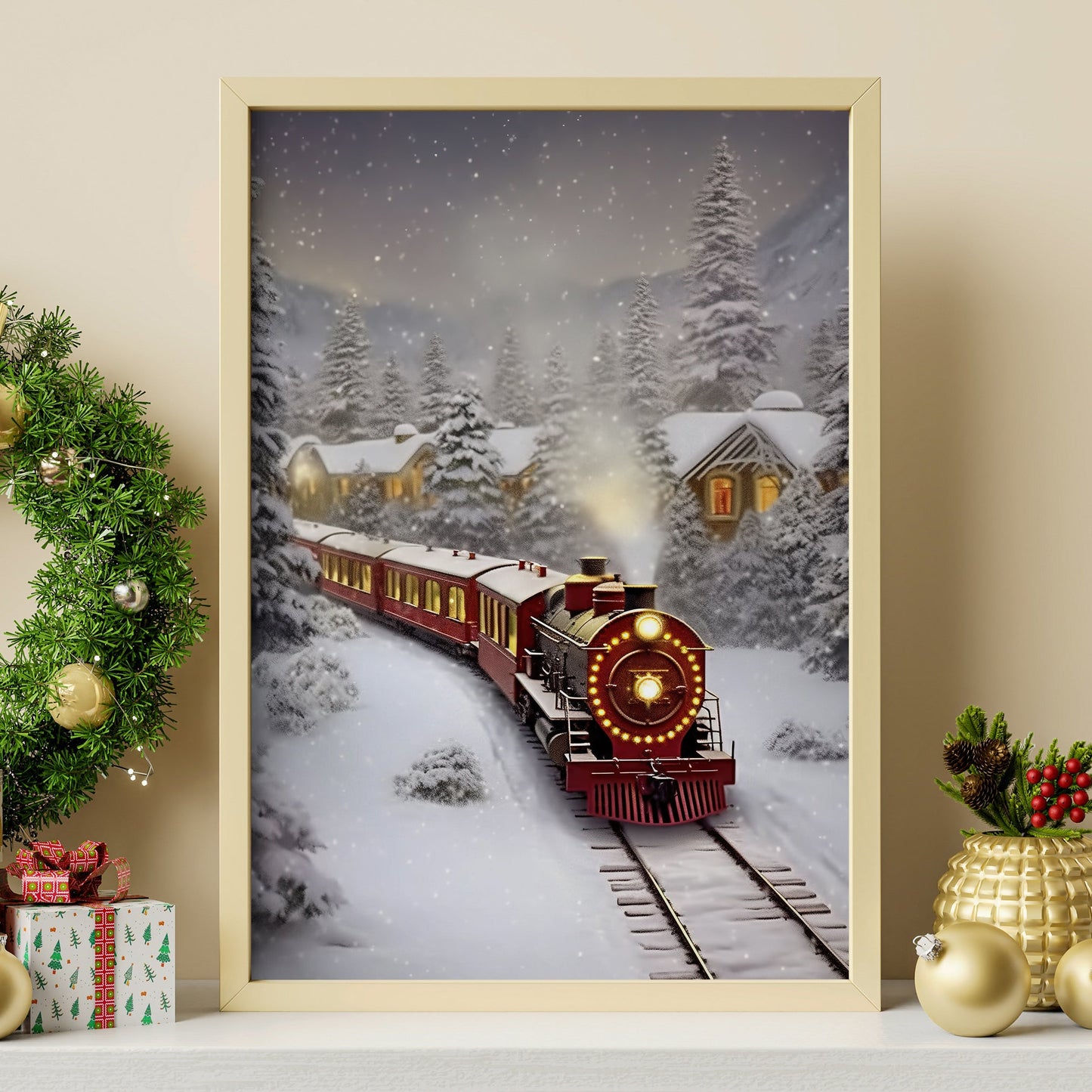 A Snowy Night's Journey, Christmas Canvas Painting, Xmas Wall Art Decor - Christmas Poster Gift Train Lovers