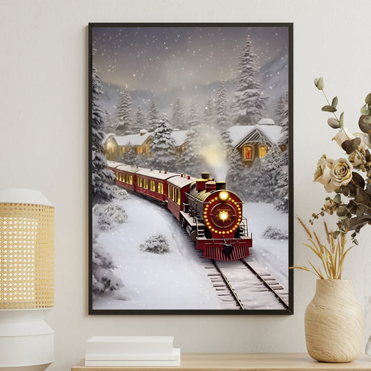 A Snowy Night's Journey, Christmas Canvas Painting, Xmas Wall Art Decor - Christmas Poster Gift Train Lovers