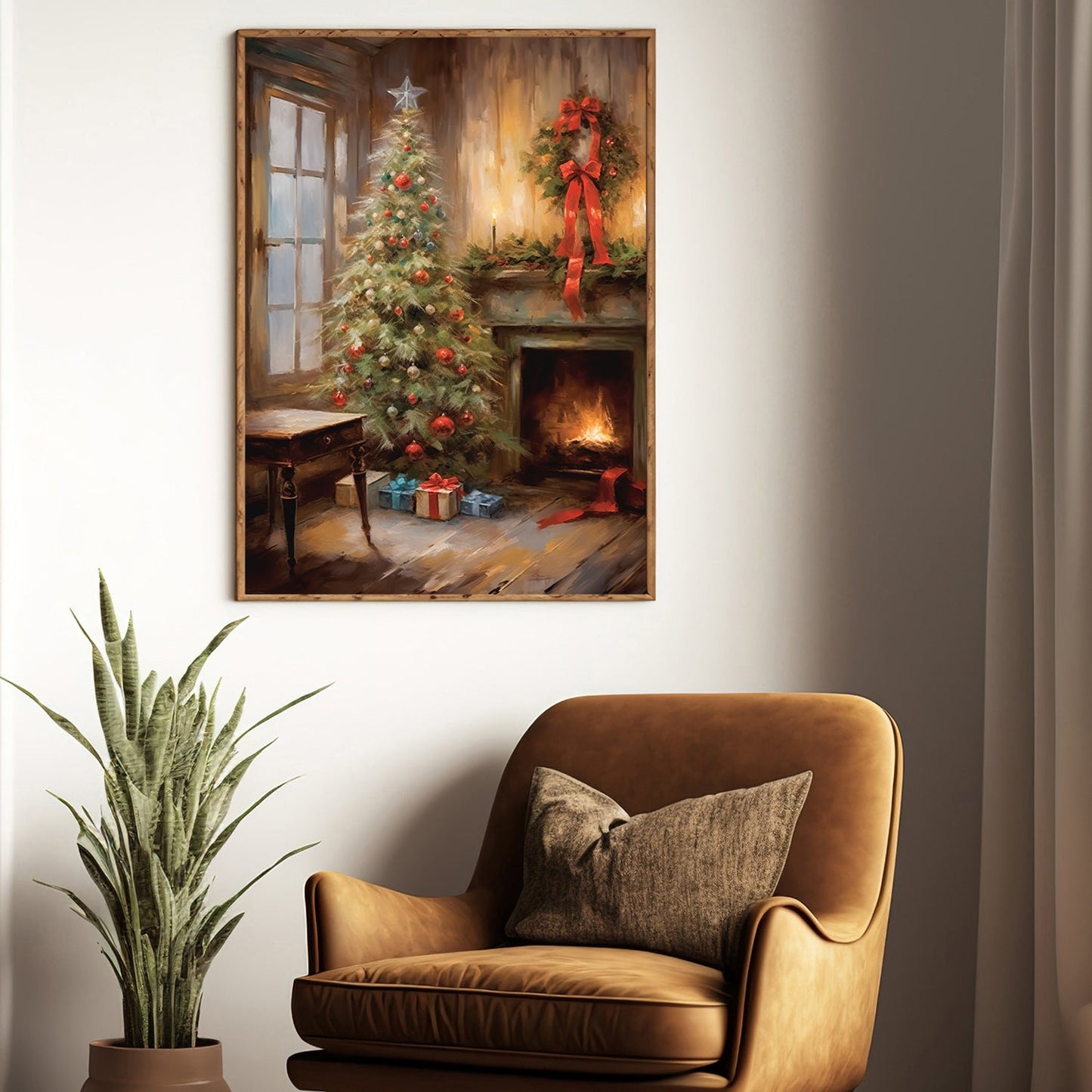 Christmas Tree And Fireplace, Christmas Canvas Painting, Xmas Wall Art Decor - Christmas Poster Gift