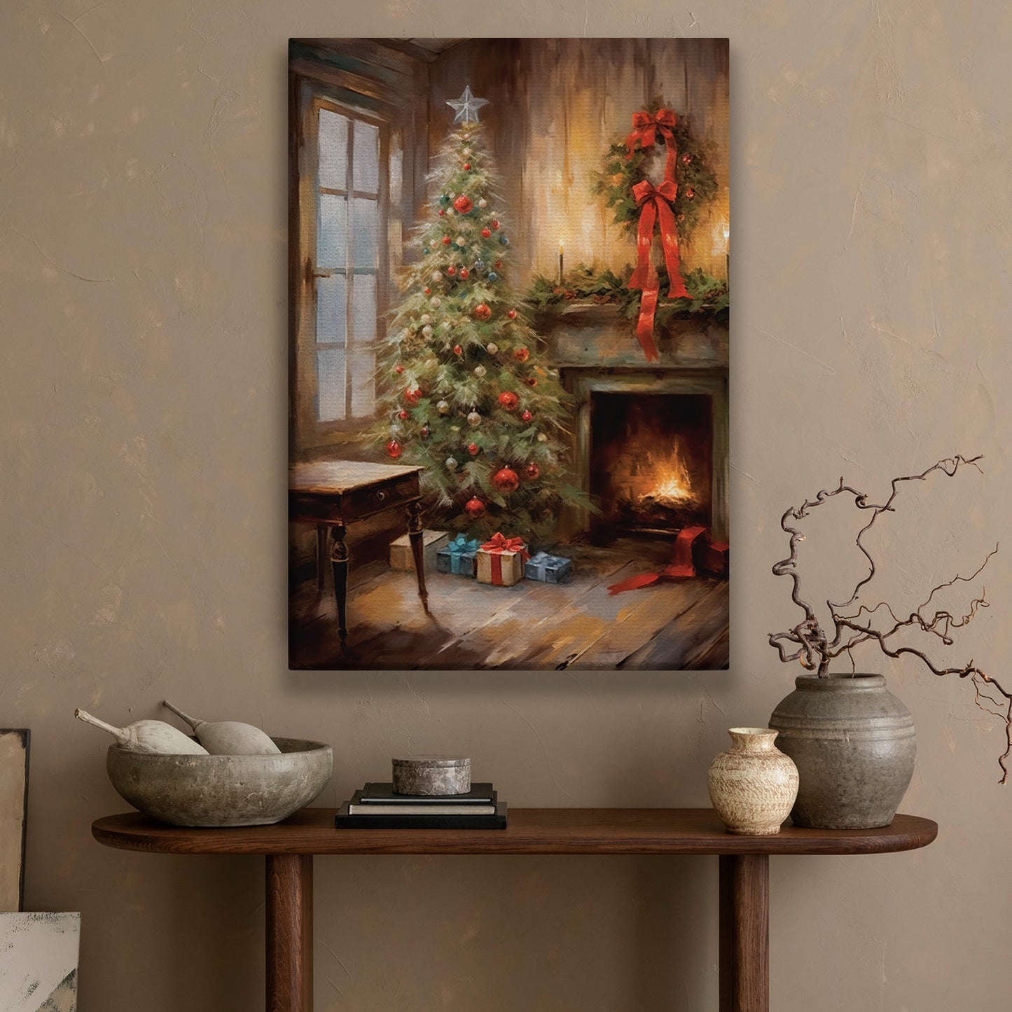 Christmas Tree And Fireplace, Christmas Canvas Painting, Xmas Wall Art Decor - Christmas Poster Gift