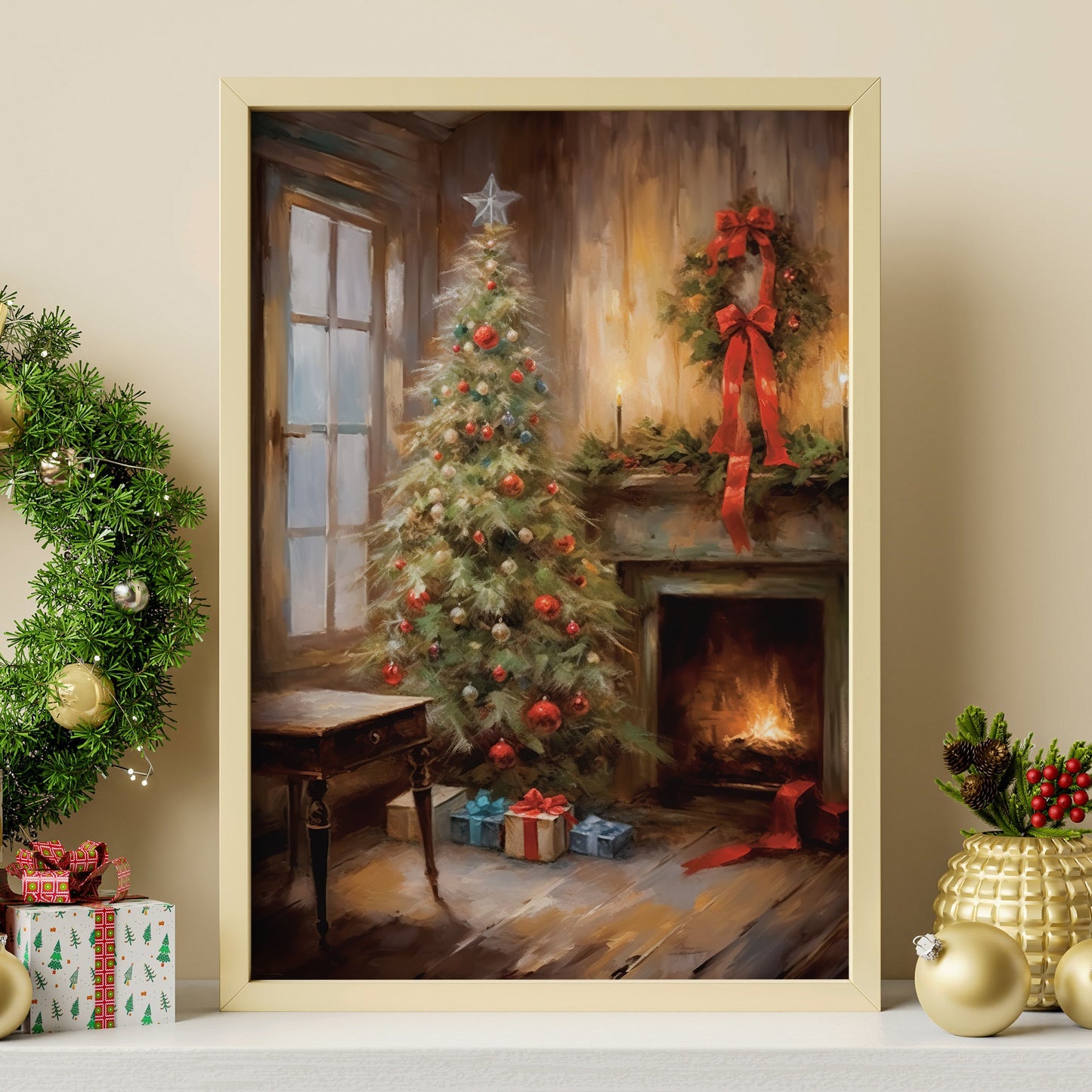 Christmas Tree And Fireplace, Christmas Canvas Painting, Xmas Wall Art Decor - Christmas Poster Gift