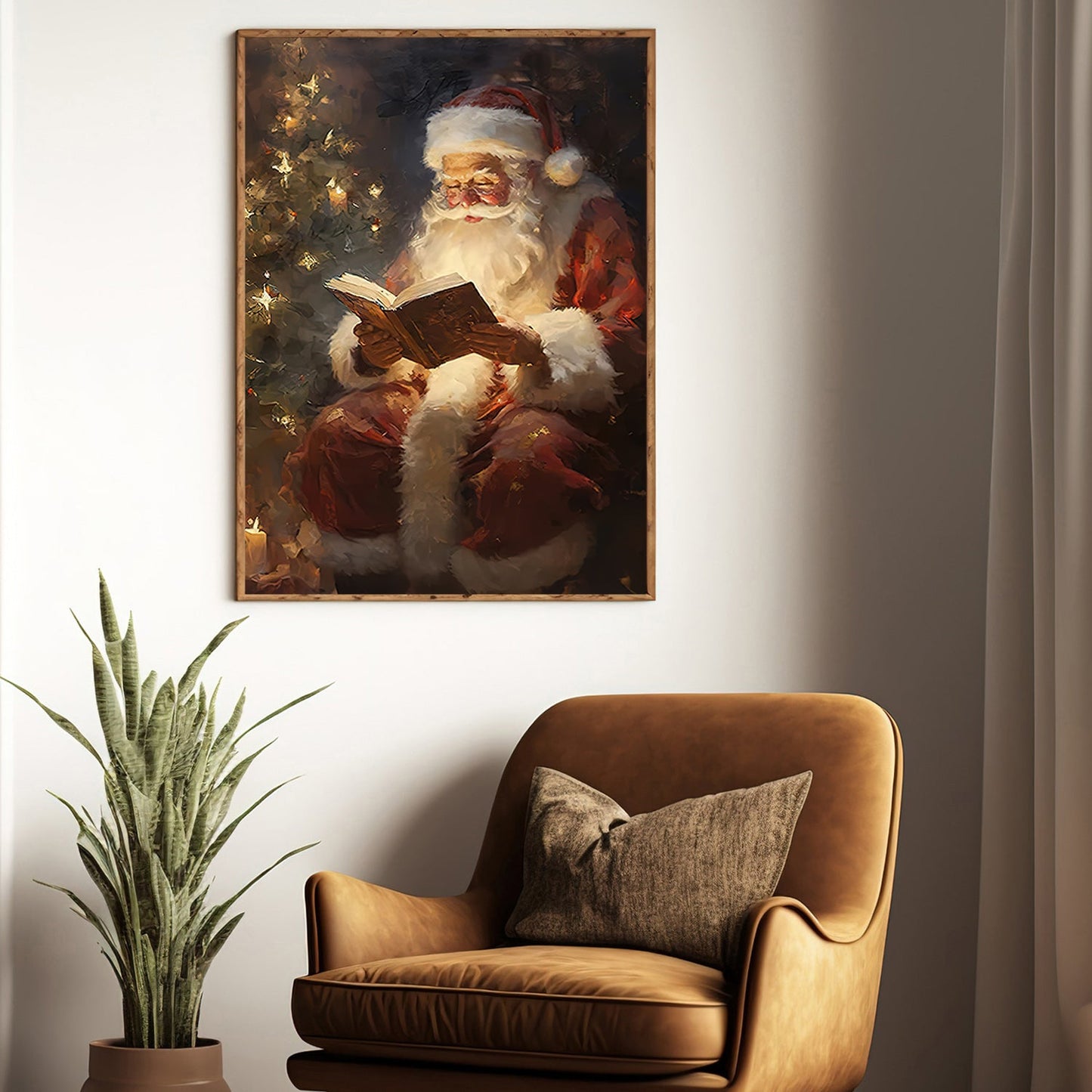 Santa Claus Is Reading Book Beside Christmas Tree, Christmas Canvas Painting, Xmas Wall Art Decor - Christmas Poster Gift For Decorating Your Home