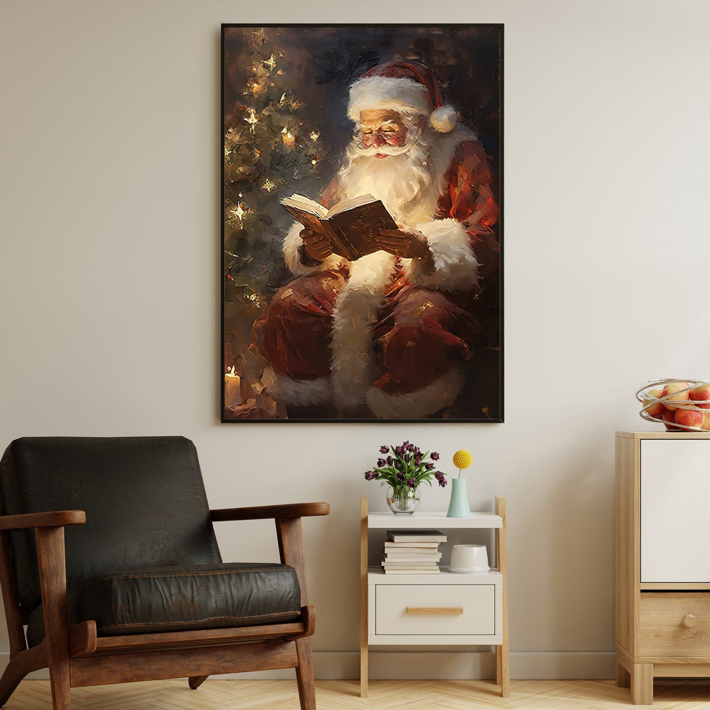 Santa Claus Is Reading Book Beside Christmas Tree, Christmas Canvas Painting, Xmas Wall Art Decor - Christmas Poster Gift For Decorating Your Home