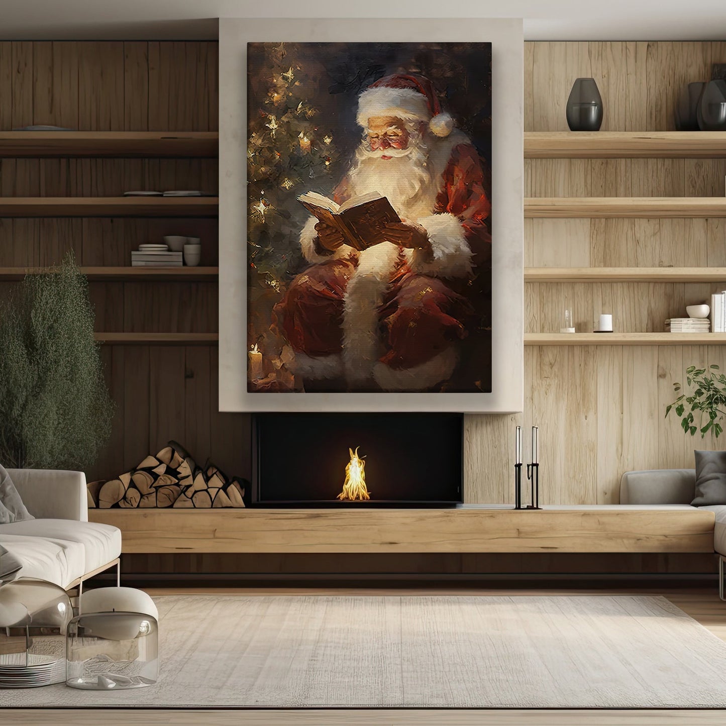 Santa Claus Is Reading Book Beside Christmas Tree, Christmas Canvas Painting, Xmas Wall Art Decor - Christmas Poster Gift For Decorating Your Home