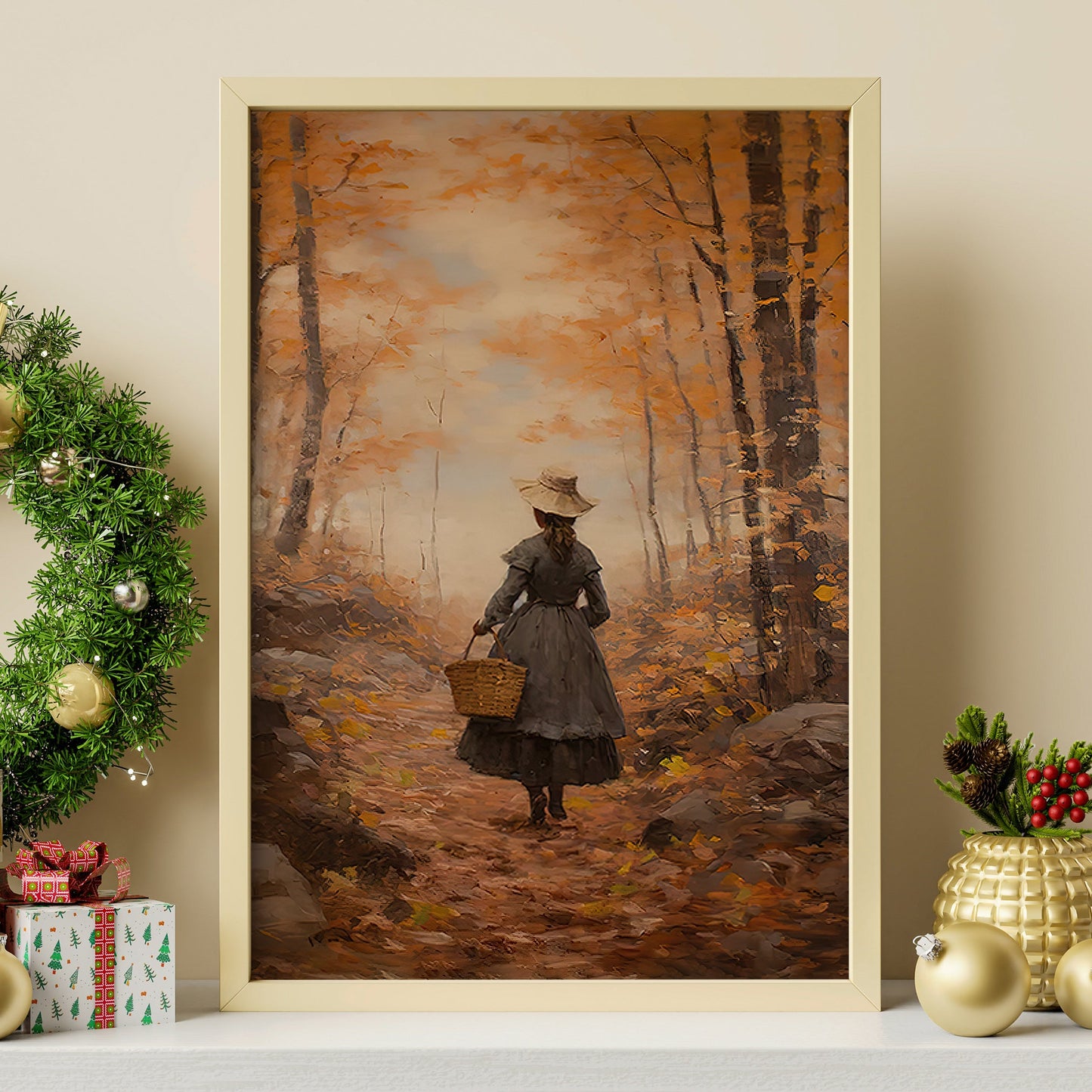 Housewife Walking On A Path Full Of Autumn Leaves Thanksgiving Canvas Painting, Wall Art Decor - Thanksgiving Poster Gift For Your Home