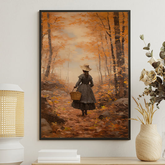 Housewife Walking On A Path Full Of Autumn Leaves Thanksgiving Canvas Painting, Wall Art Decor - Thanksgiving Poster Gift For Your Home