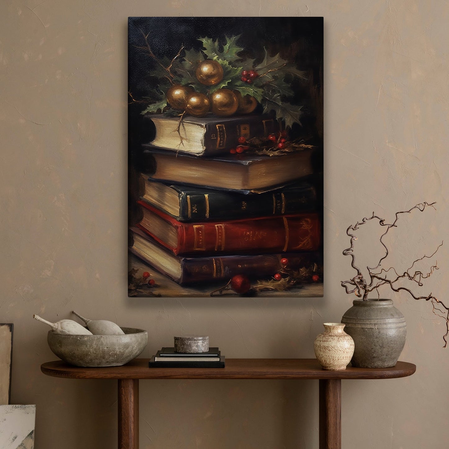 The Books Are Decorated With Christmas Trees, Christmas Canvas Painting, Xmas Wall Art Decor - Christmas Poster Gift For Books Lovers