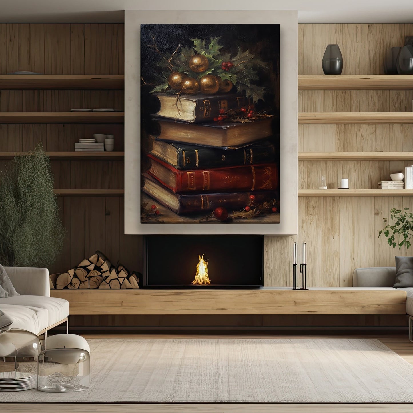 The Books Are Decorated With Christmas Trees, Christmas Canvas Painting, Xmas Wall Art Decor - Christmas Poster Gift For Books Lovers