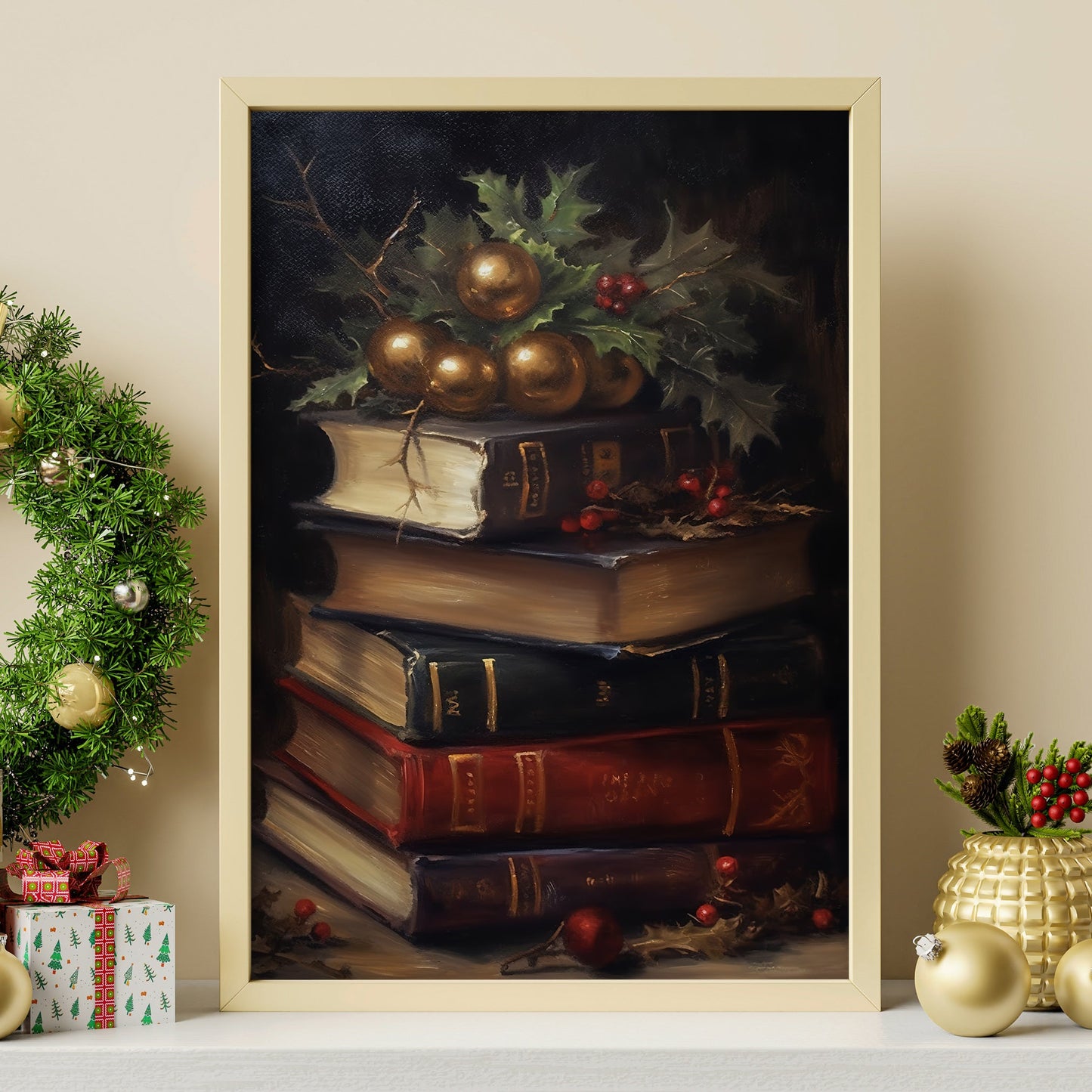 The Books Are Decorated With Christmas Trees, Christmas Canvas Painting, Xmas Wall Art Decor - Christmas Poster Gift For Books Lovers
