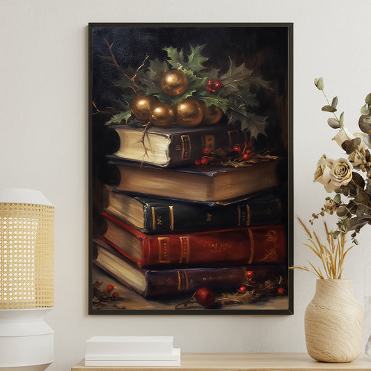 The Books Are Decorated With Christmas Trees, Christmas Canvas Painting, Xmas Wall Art Decor - Christmas Poster Gift For Books Lovers