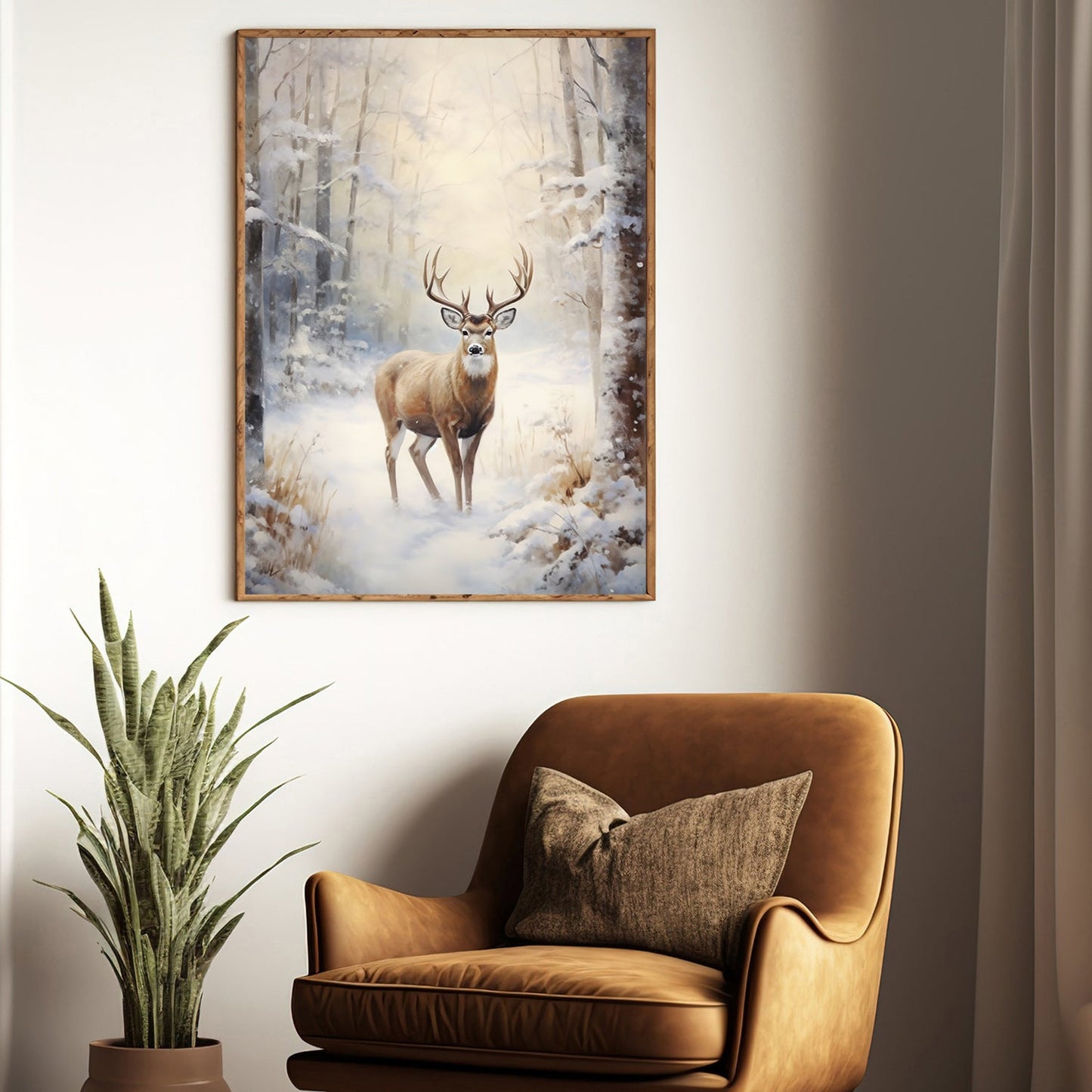 Reindeer In The Middle Of A Snow Covered Forest, Christmas Canvas Painting, Xmas Wall Art Decor - Christmas Poster Gift