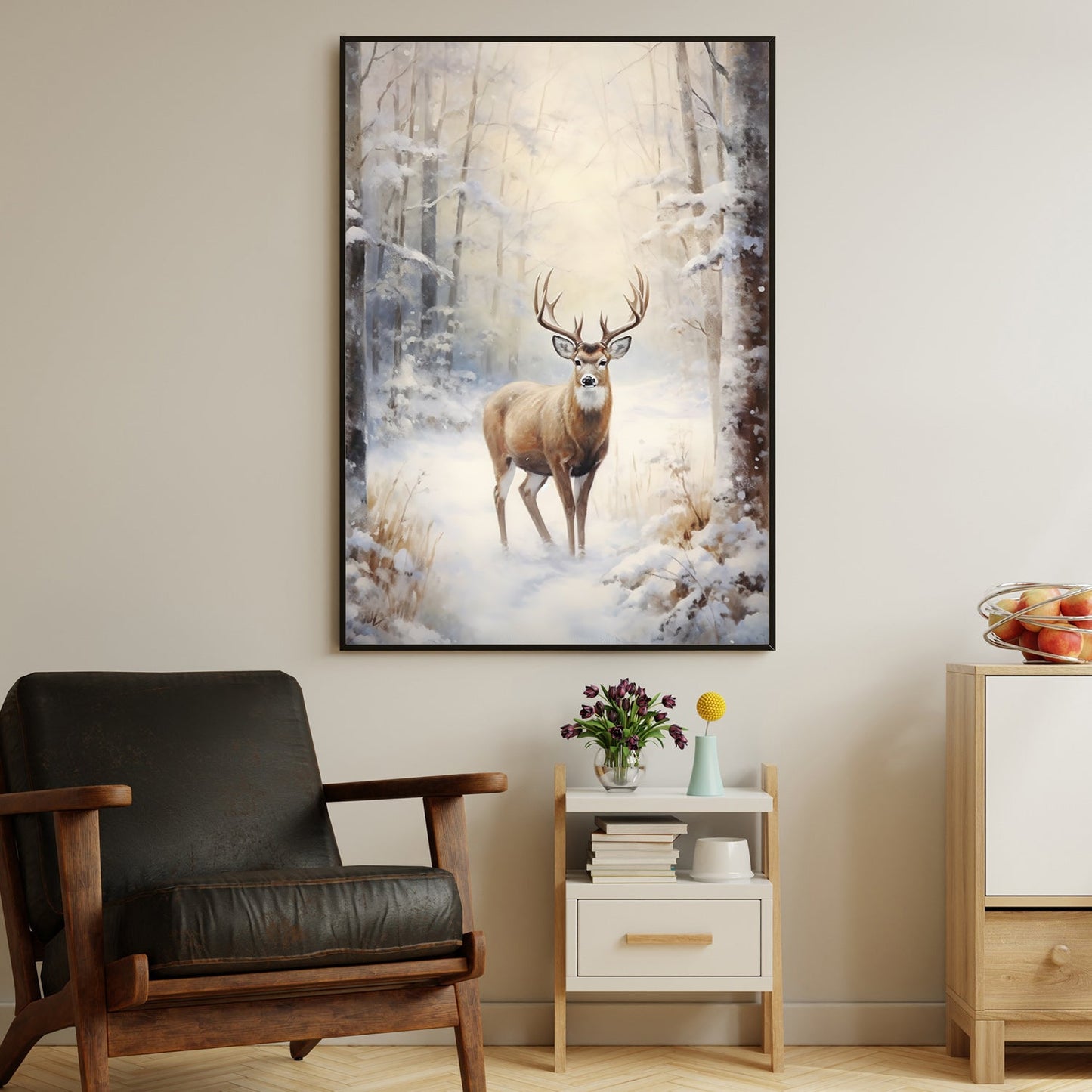 Reindeer In The Middle Of A Snow Covered Forest, Christmas Canvas Painting, Xmas Wall Art Decor - Christmas Poster Gift