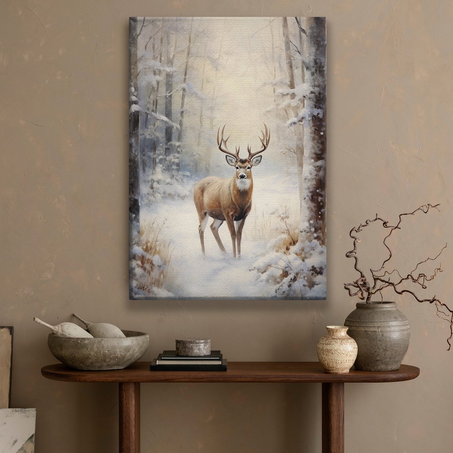 Reindeer In The Middle Of A Snow Covered Forest, Christmas Canvas Painting, Xmas Wall Art Decor - Christmas Poster Gift