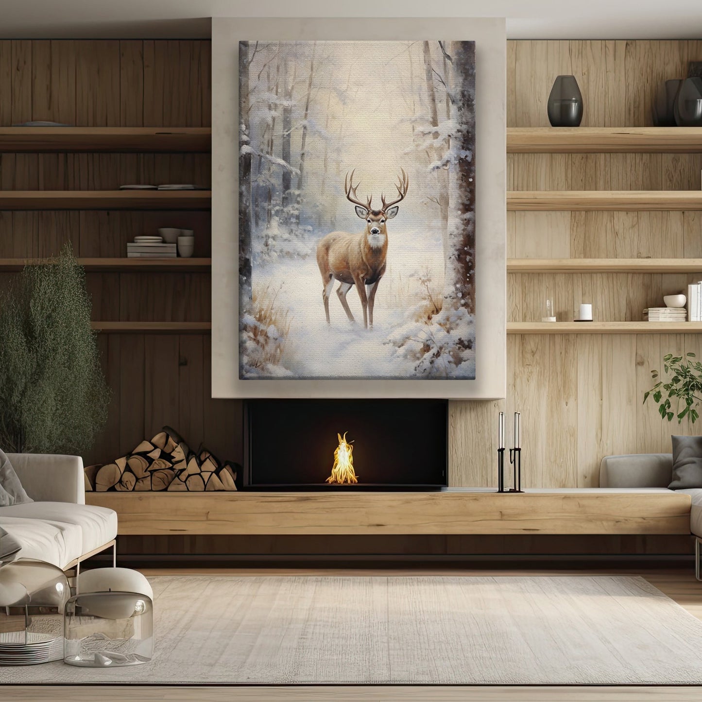 Reindeer In The Middle Of A Snow Covered Forest, Christmas Canvas Painting, Xmas Wall Art Decor - Christmas Poster Gift