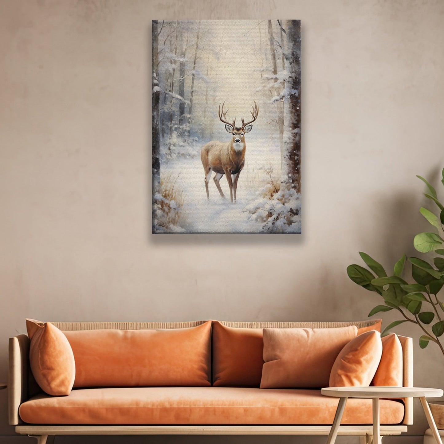 Reindeer In The Middle Of A Snow Covered Forest, Christmas Canvas Painting, Xmas Wall Art Decor - Christmas Poster Gift