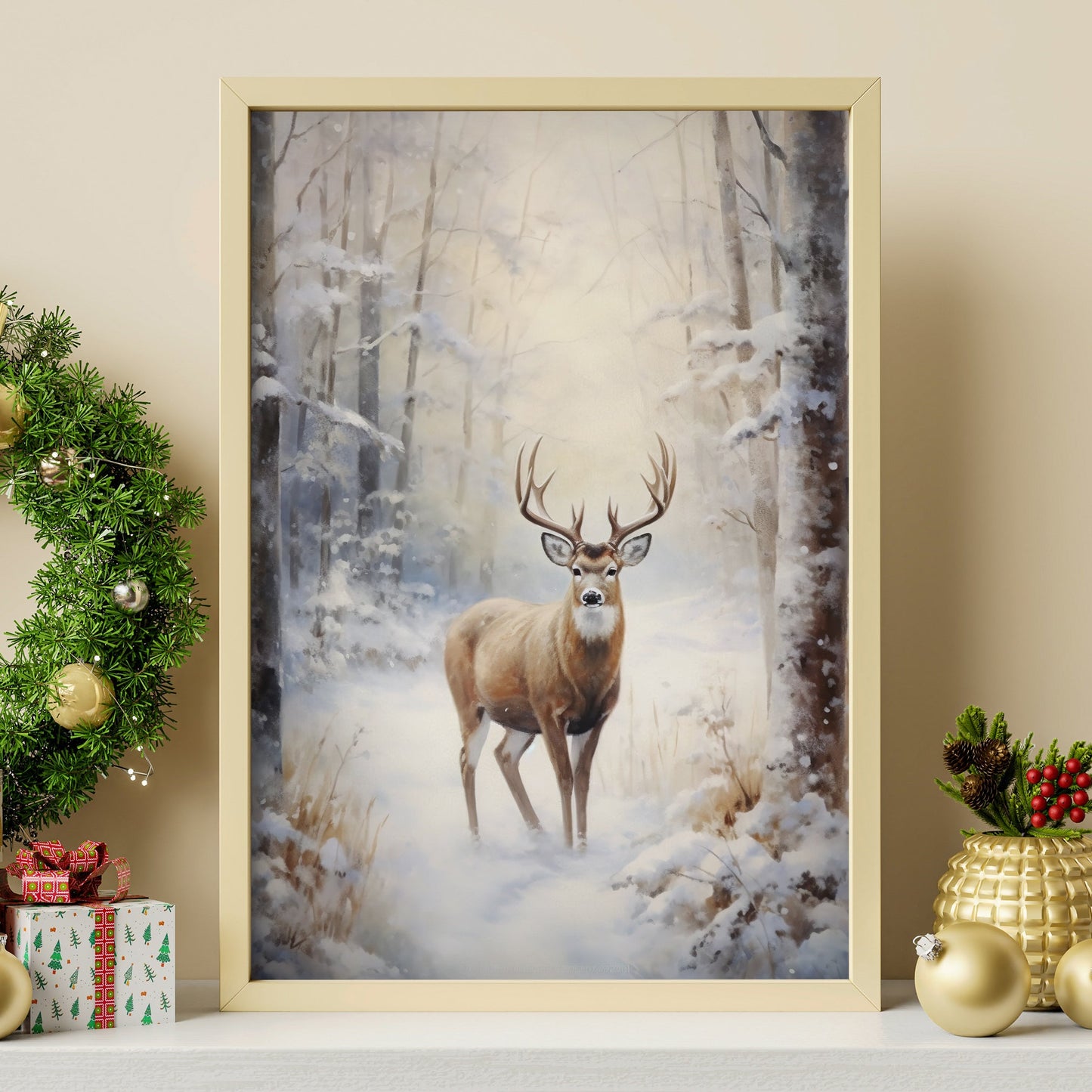 Reindeer In The Middle Of A Snow Covered Forest, Christmas Canvas Painting, Xmas Wall Art Decor - Christmas Poster Gift