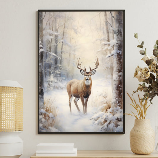 Reindeer In The Middle Of A Snow Covered Forest, Christmas Canvas Painting, Xmas Wall Art Decor - Christmas Poster Gift