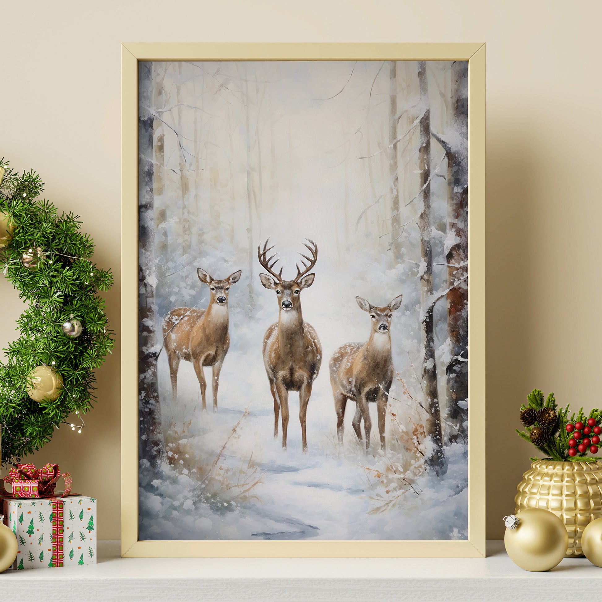 White Christmas Deer In The Background Of Snow-covered Forest