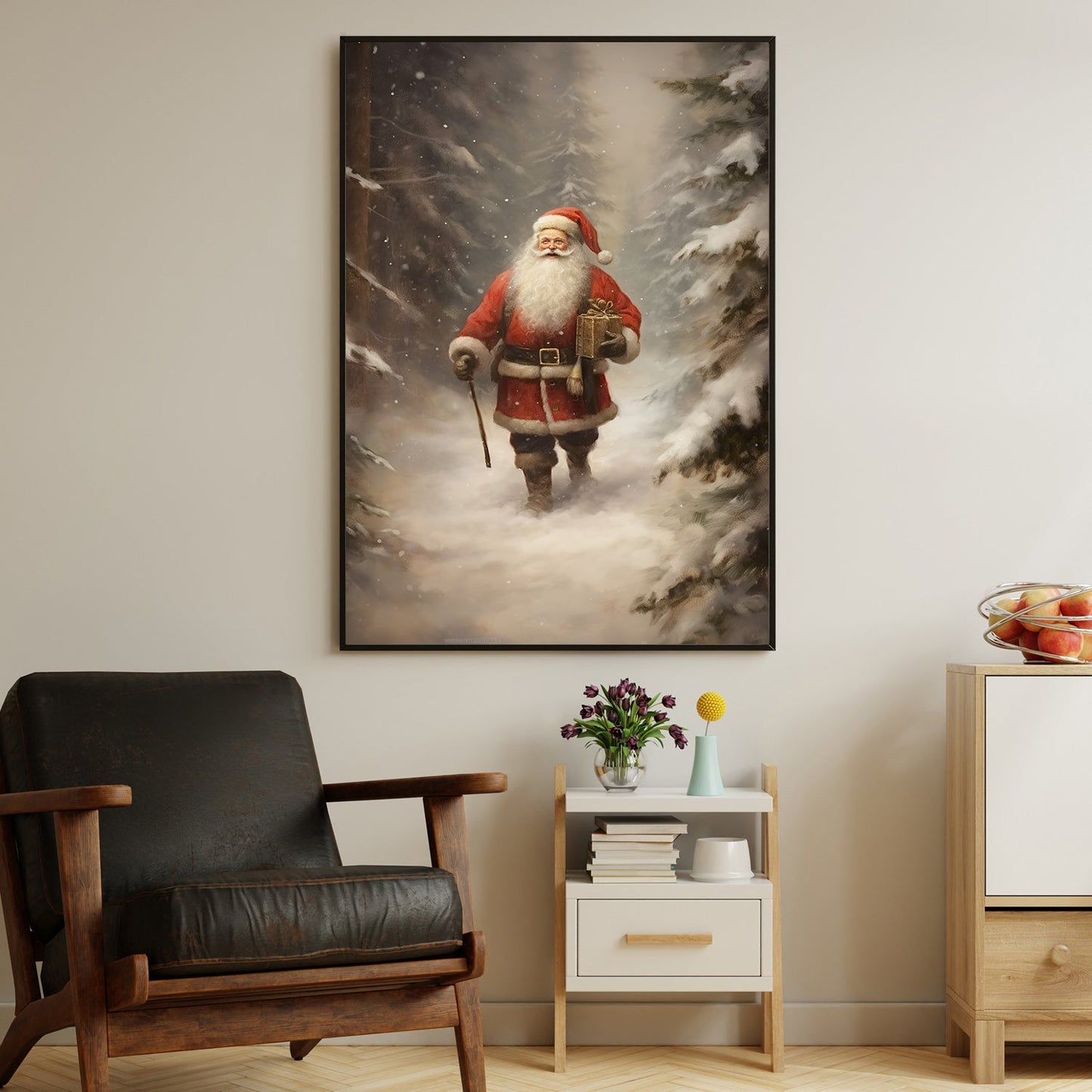 Santa Claus Walks In The Snowy Forest, Christmas Canvas Painting, Xmas Wall Art Decor - Christmas Poster Gift For Decorating Your Home