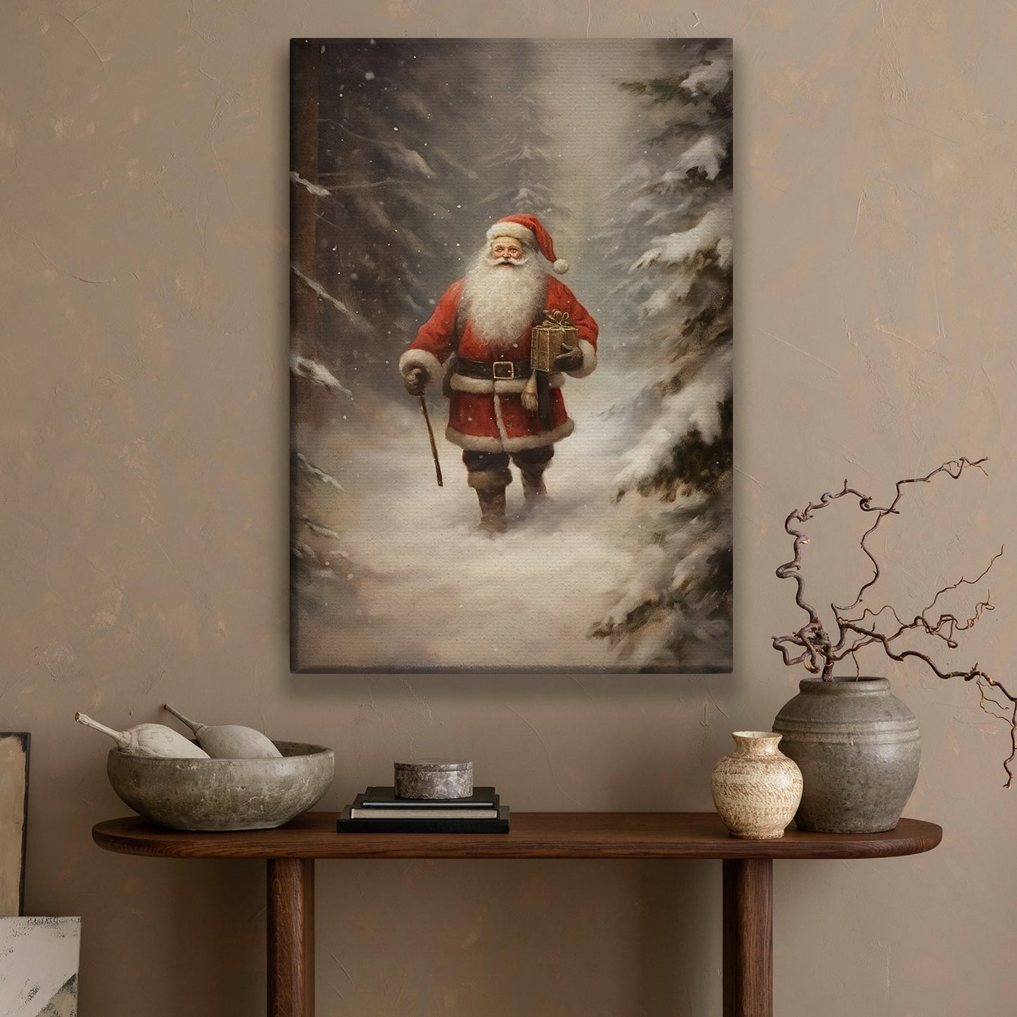 Santa Claus Walks In The Snowy Forest, Christmas Canvas Painting, Xmas Wall Art Decor - Christmas Poster Gift For Decorating Your Home