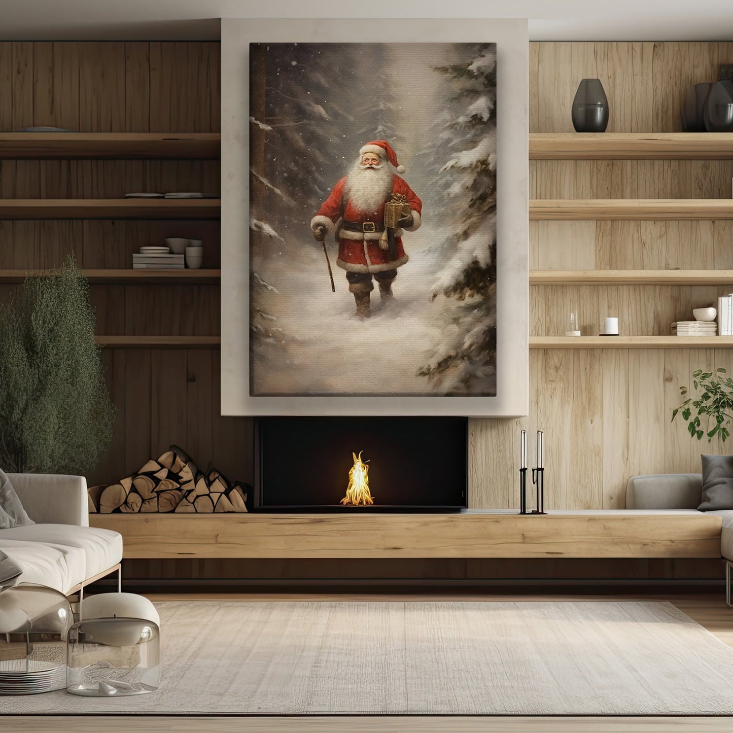 Santa Claus Walks In The Snowy Forest, Christmas Canvas Painting, Xmas Wall Art Decor - Christmas Poster Gift For Decorating Your Home