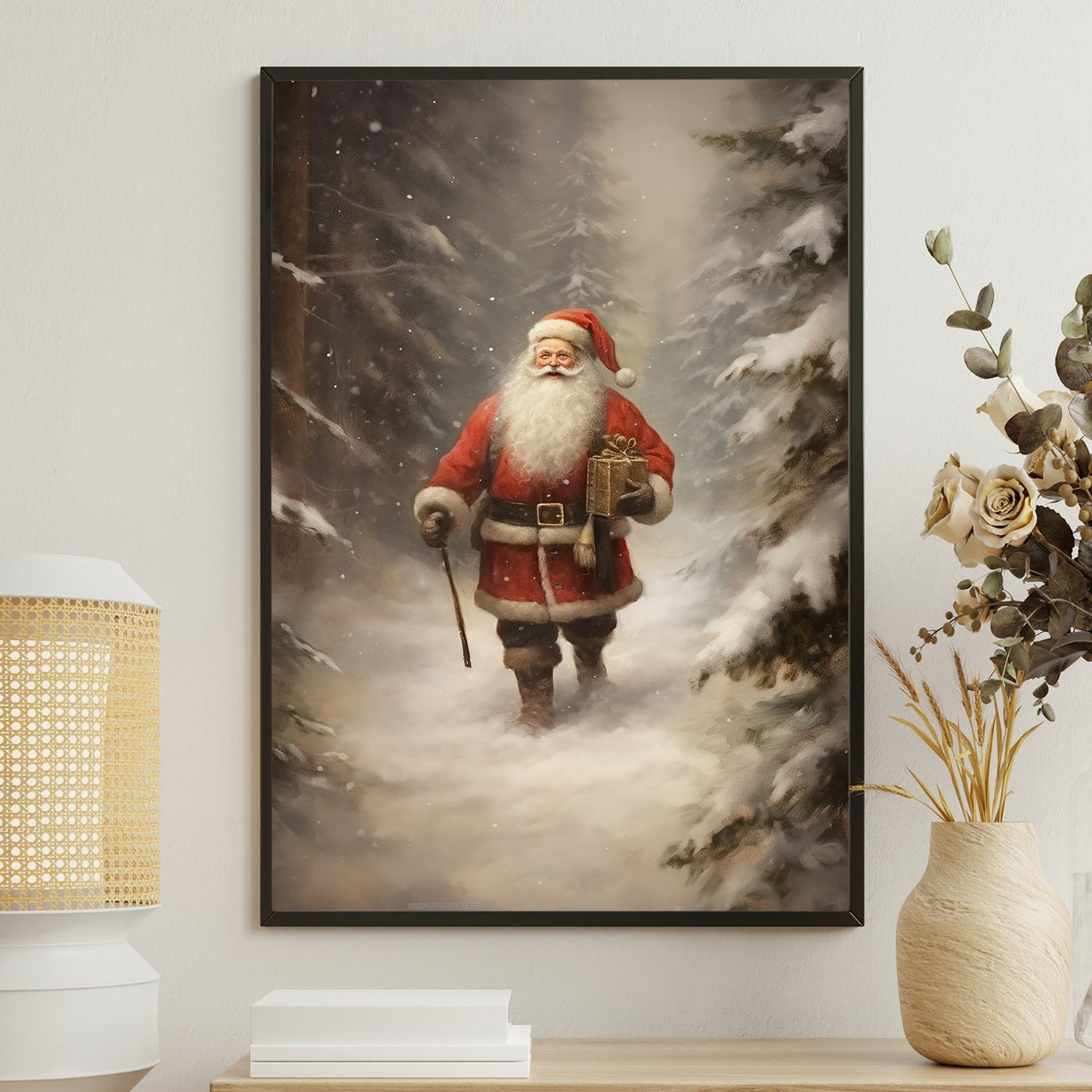 Santa Claus Walks In The Snowy Forest, Christmas Canvas Painting, Xmas Wall Art Decor - Christmas Poster Gift For Decorating Your Home