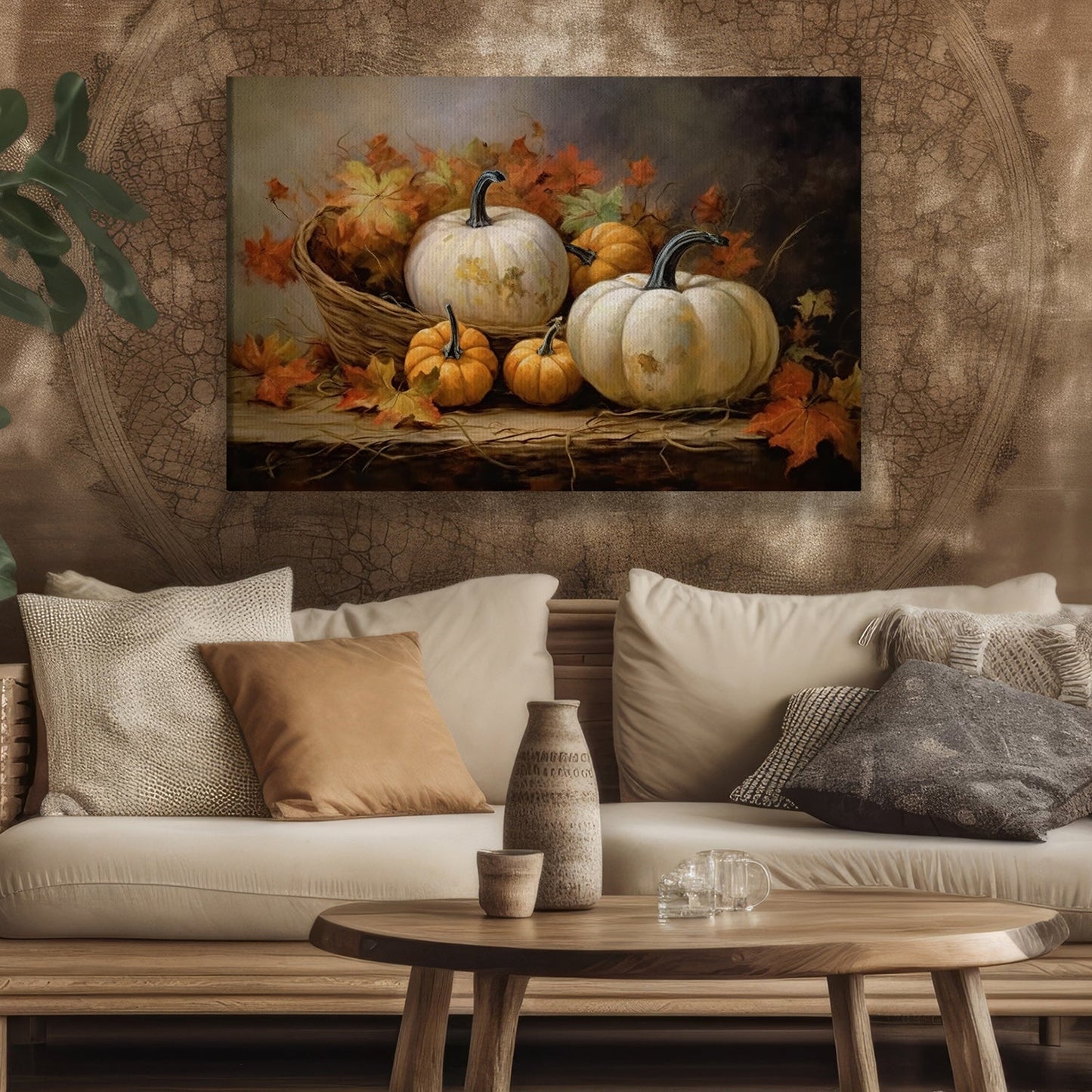 Display Basket Full Of Pumpkins, Thanksgiving Canvas Painting, Wall Art Decor - Thanksgiving Poster Gift