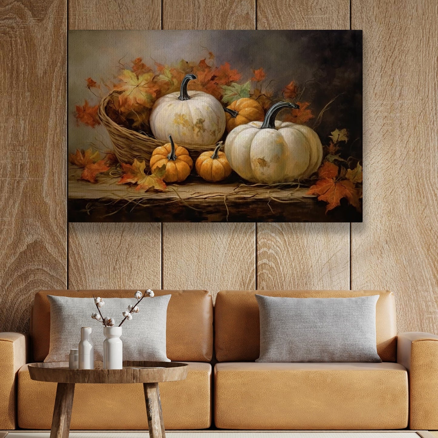 Display Basket Full Of Pumpkins, Thanksgiving Canvas Painting, Wall Art Decor - Thanksgiving Poster Gift